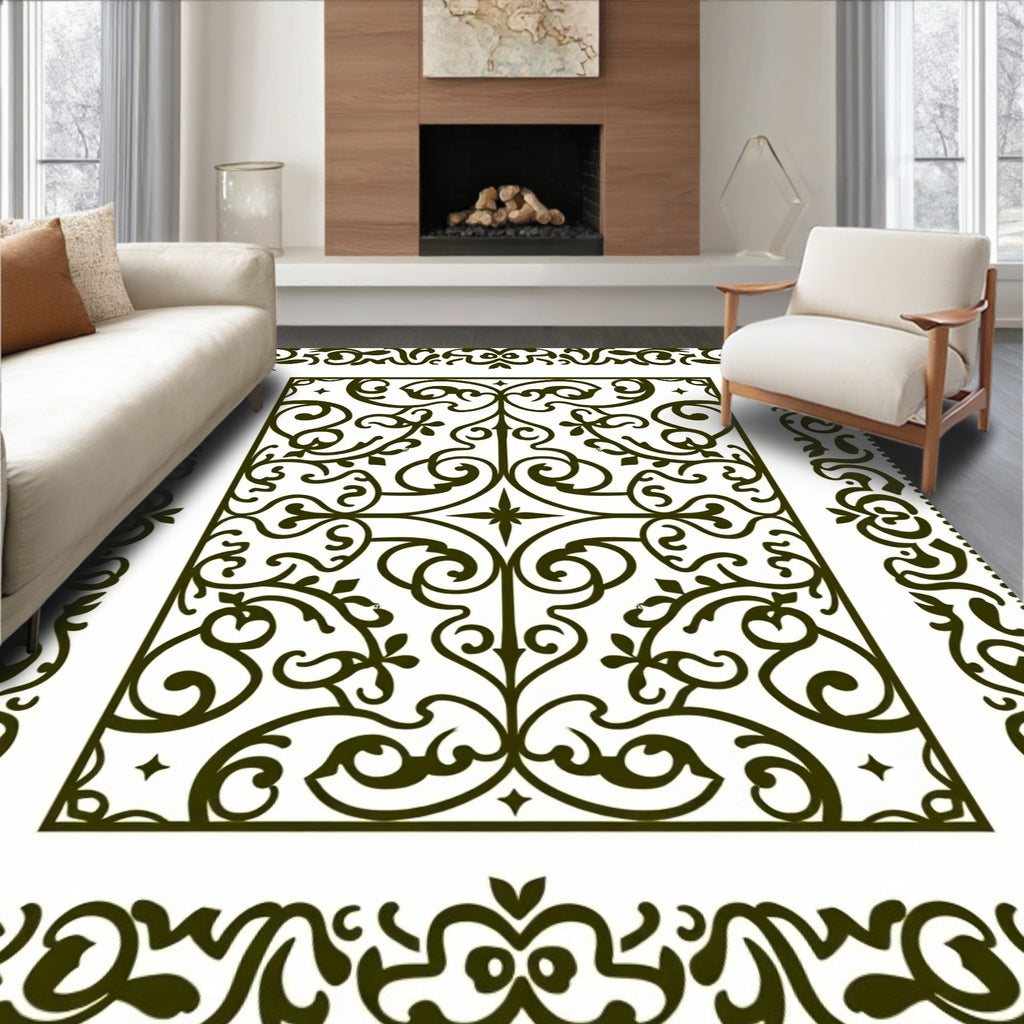 Dark Green Ornamental Courtly Scrolls Rug