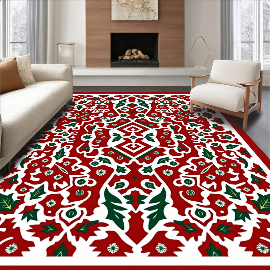 Crimson White Green Floral Medallion Rug