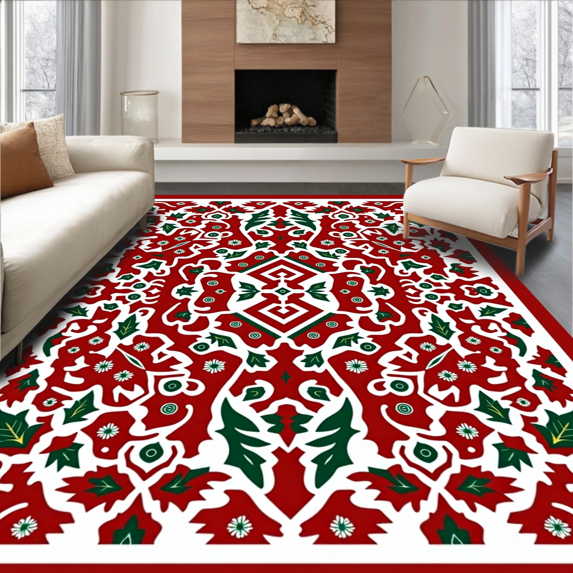 Crimson White Green Floral Medallion Rug