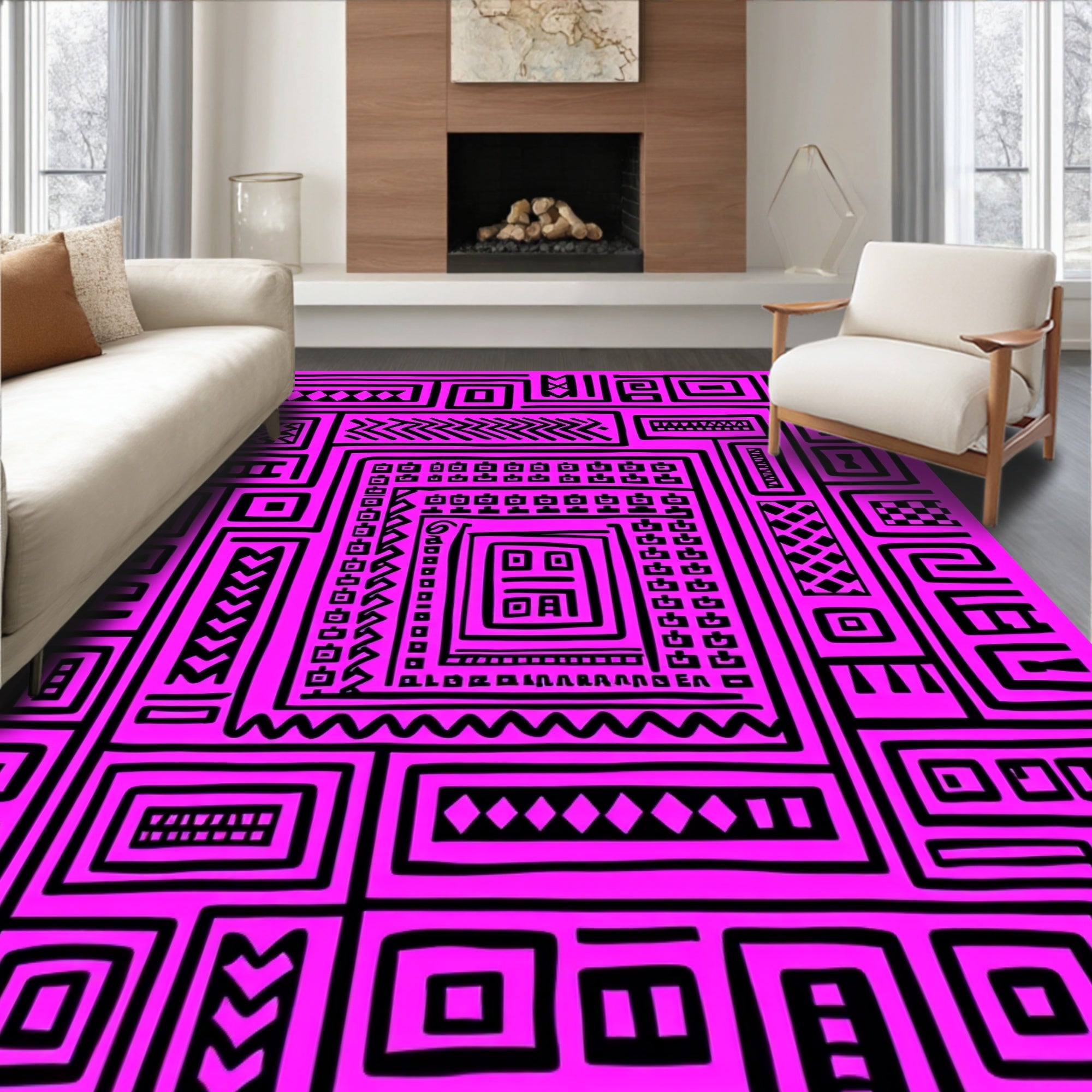 Bold Pink Geometric Maze Composition Rug