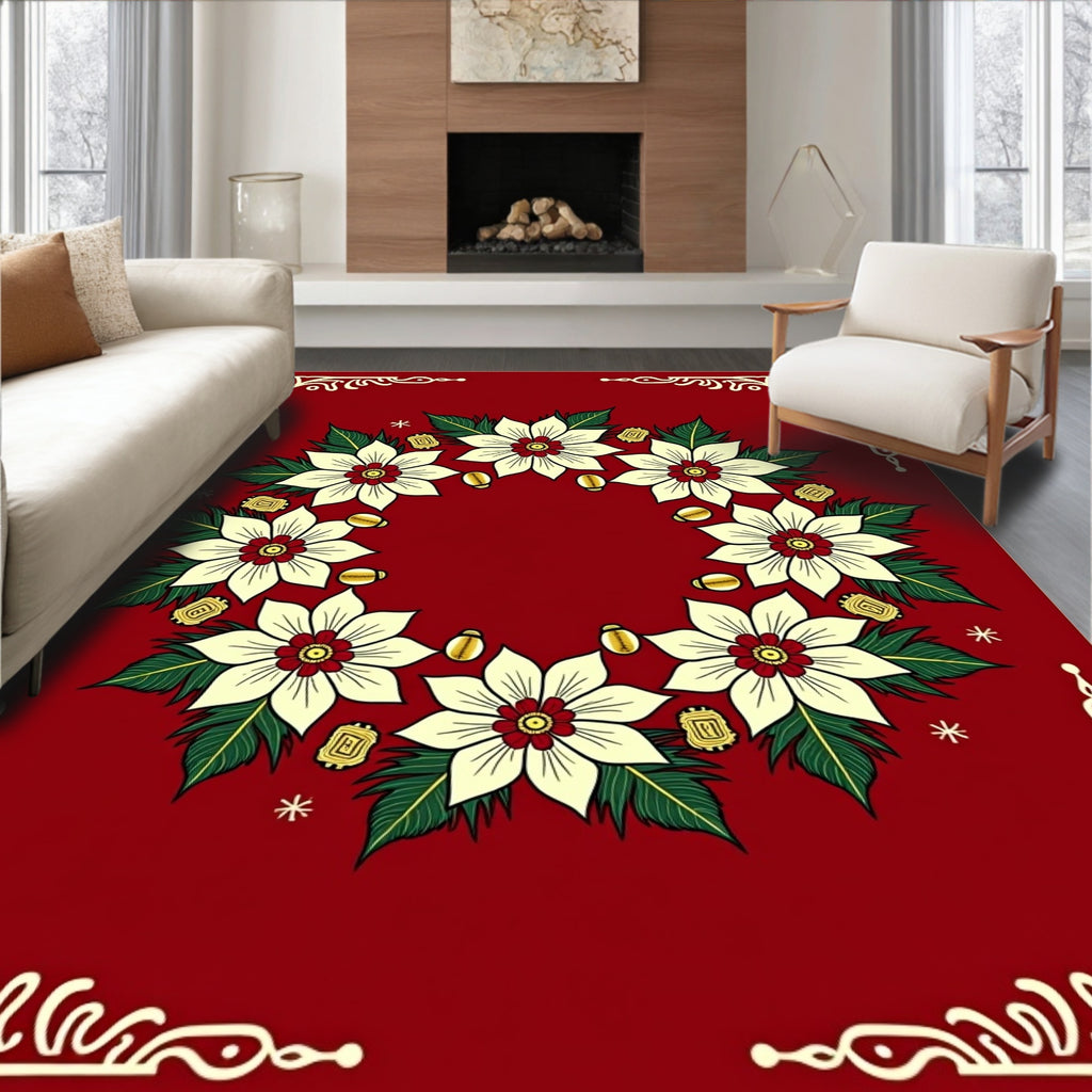 Cream Poinsettia Wreath Red Border Rug