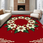 Cream Poinsettia Wreath Red Border Rug