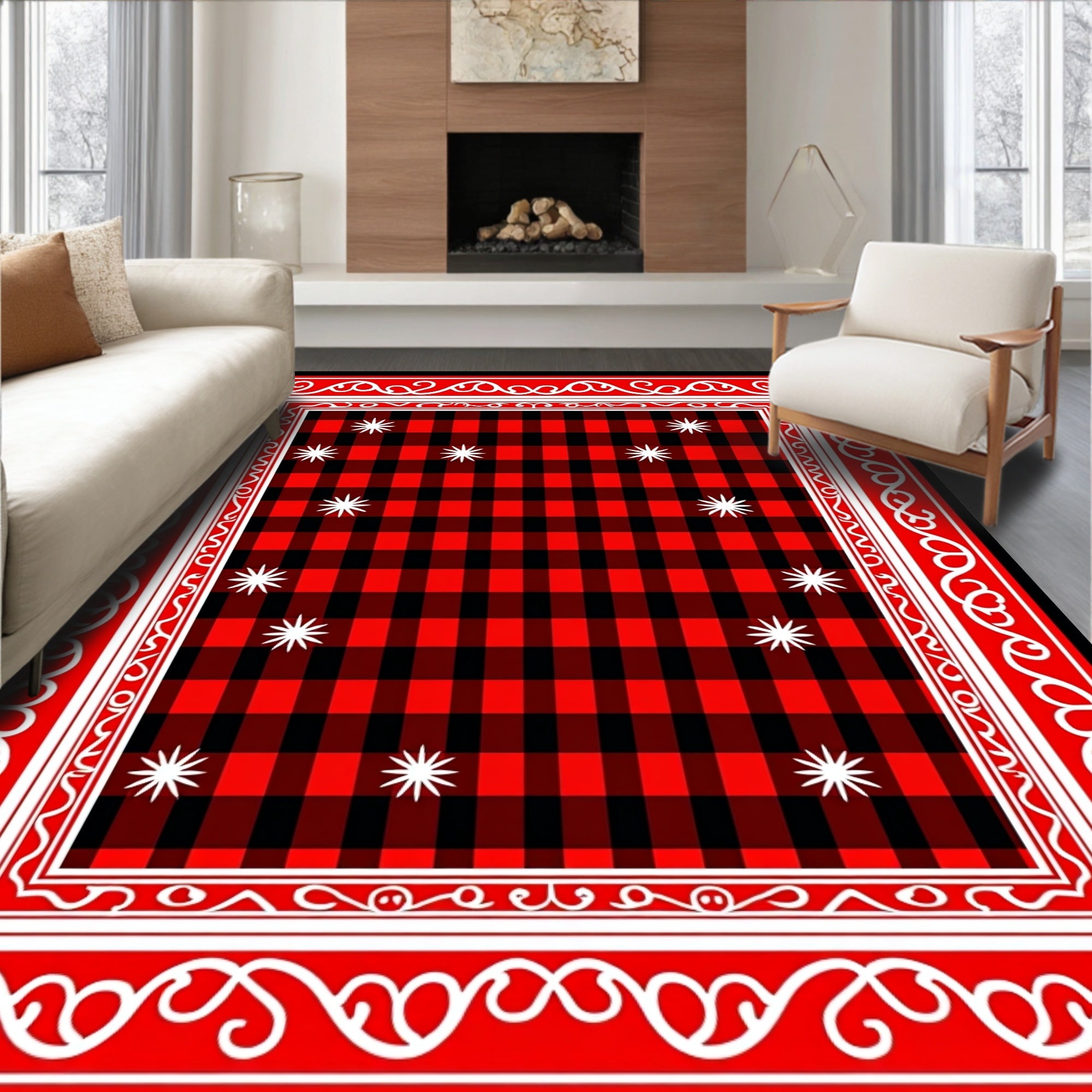 Red Black Buffalo Check Star Border Rug