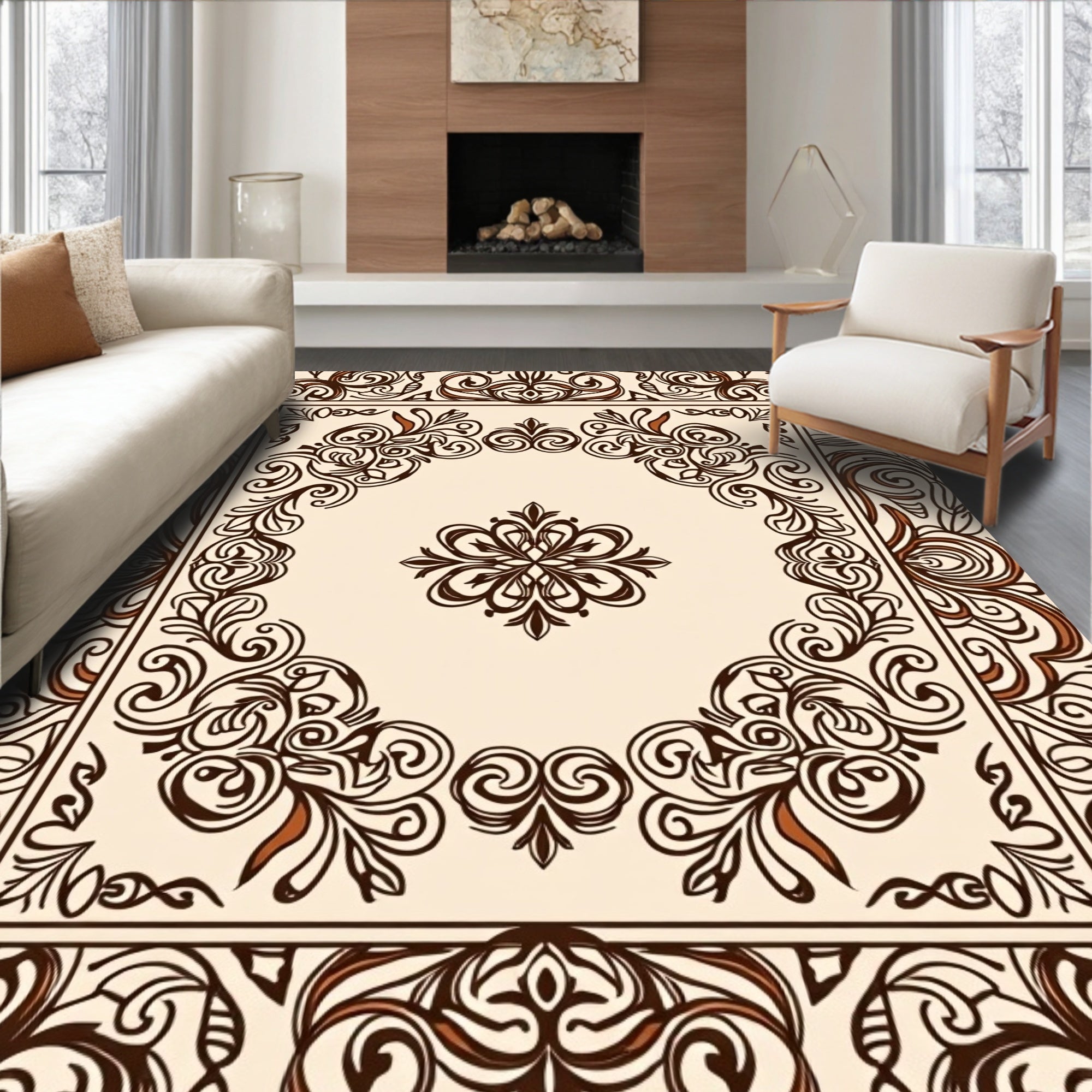 Ornate Brown Scrollwork Filigree Medallion Rug