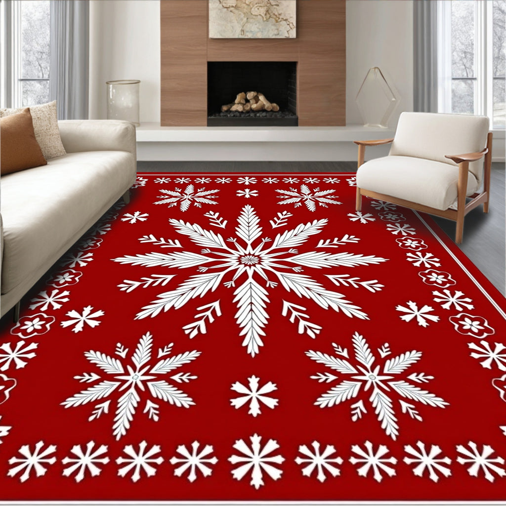 Crisp Red Snowflake Medallion Border Rug