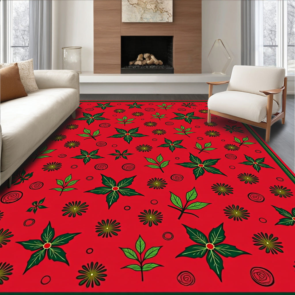 Crimson Green Poinsettia Blooming Garden Rug