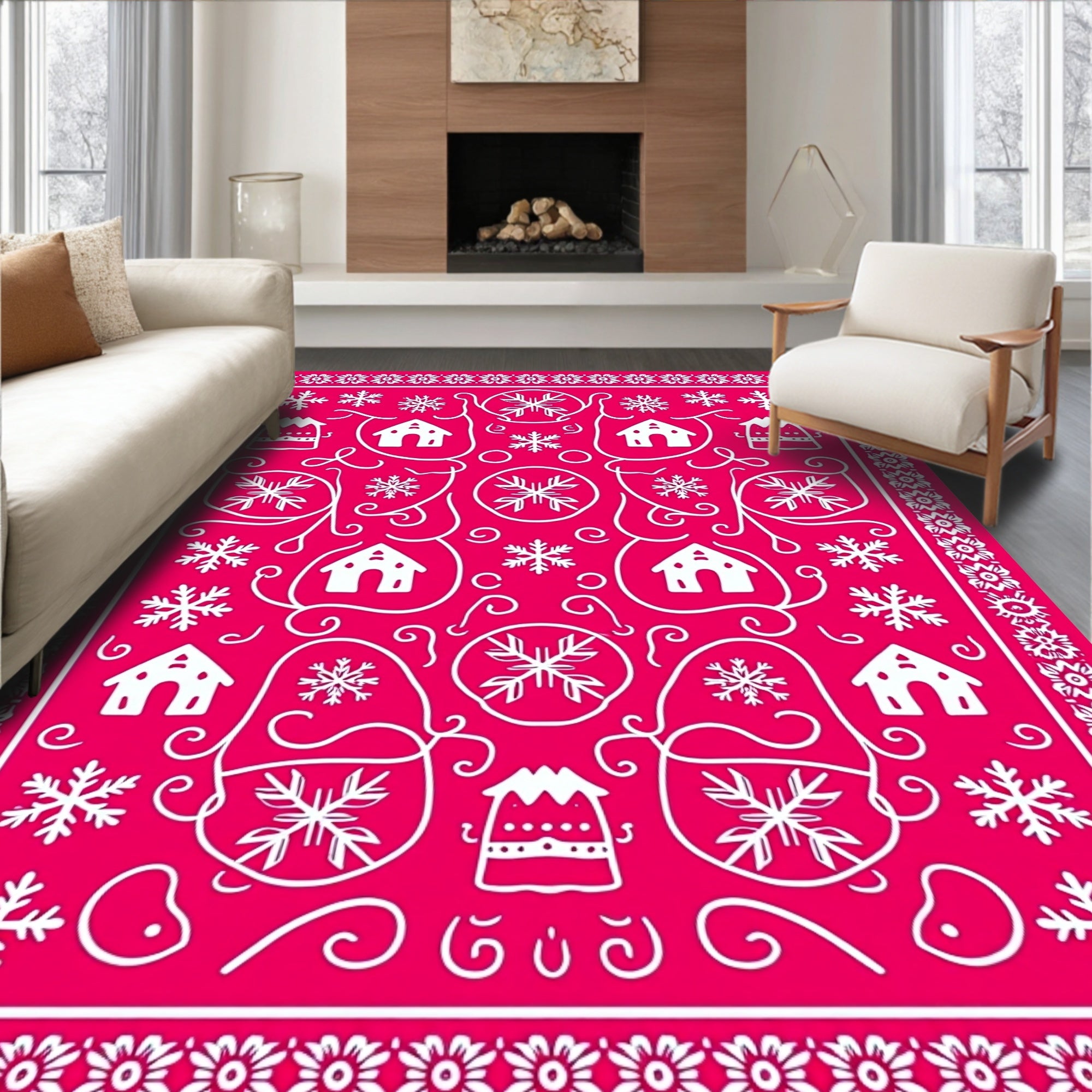Vibrant Pink Winter Village Snowflakes Rug