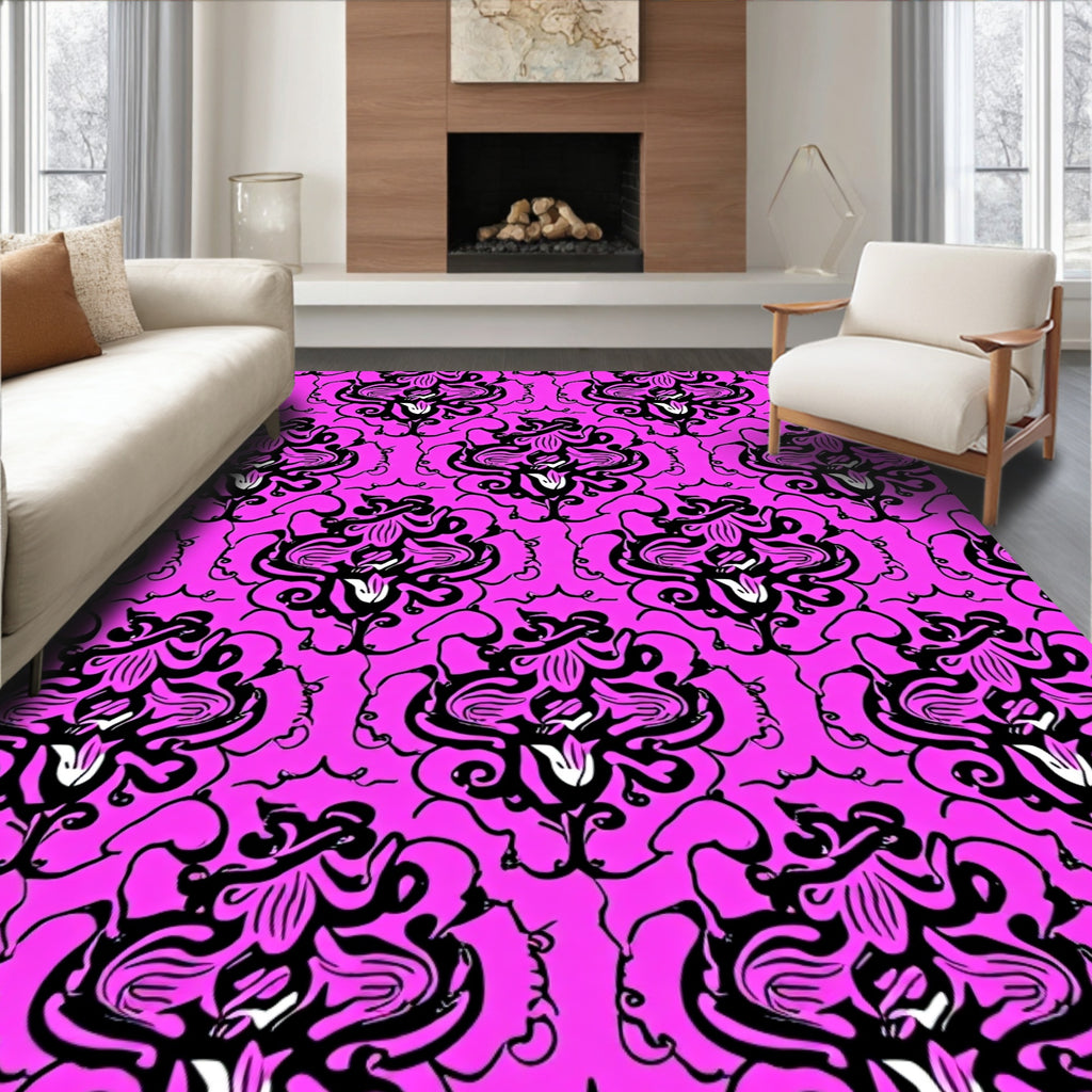 Vibrant Fuchsia Black Flourish Mandala Rug