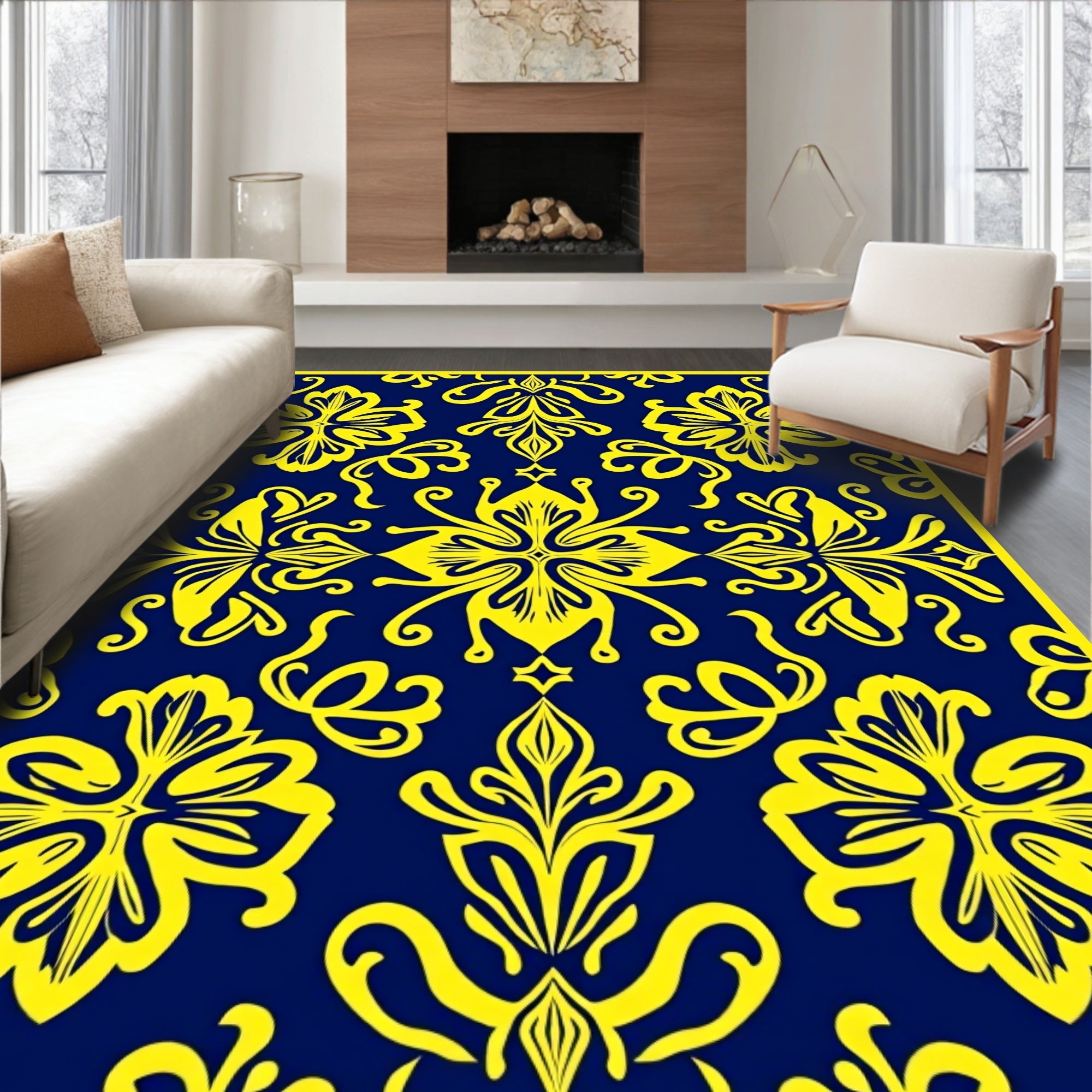 Elegant Yellow Floral Damask Navy Rug