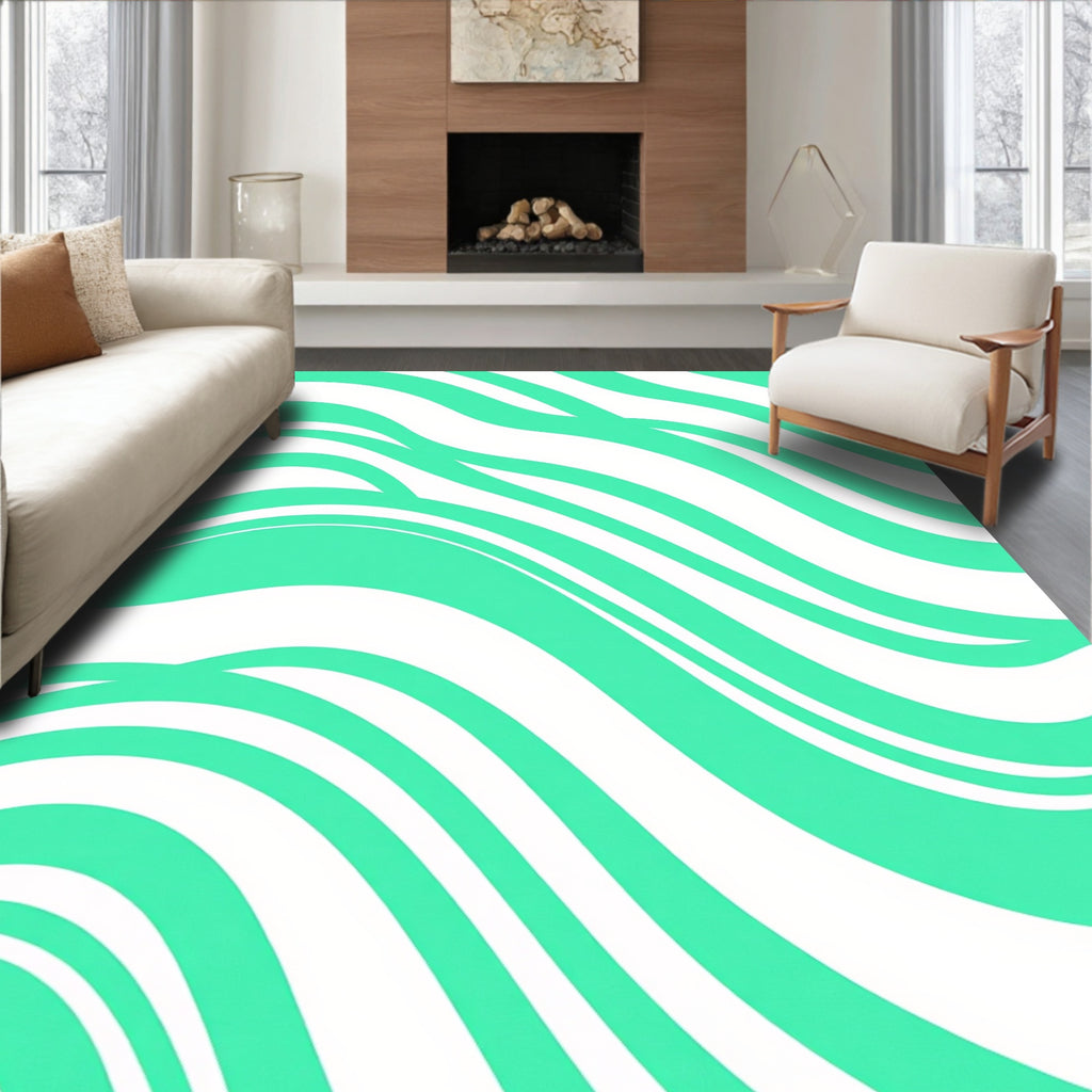 Aqua White Curving Waves Rug