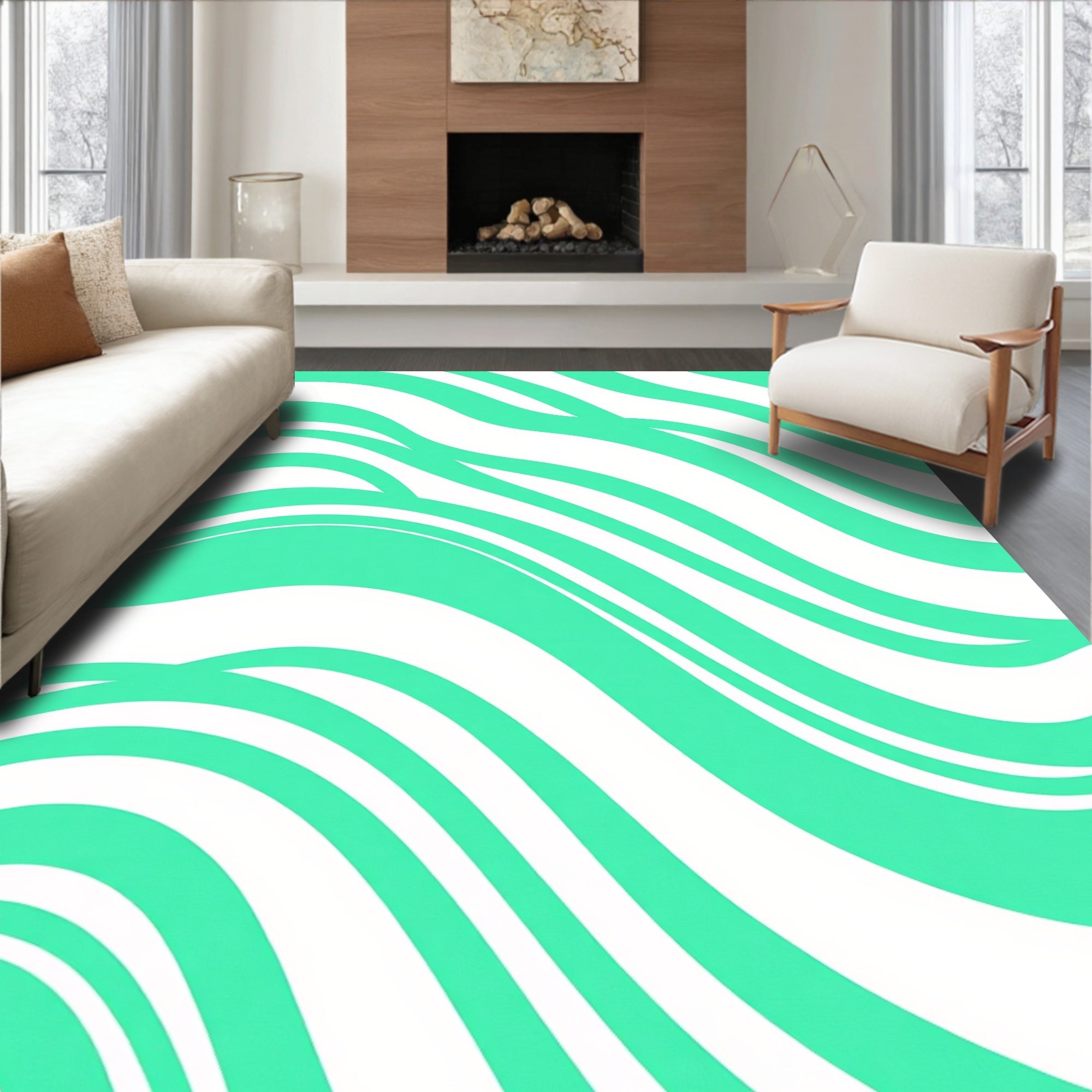 Aqua White Curving Waves Rug