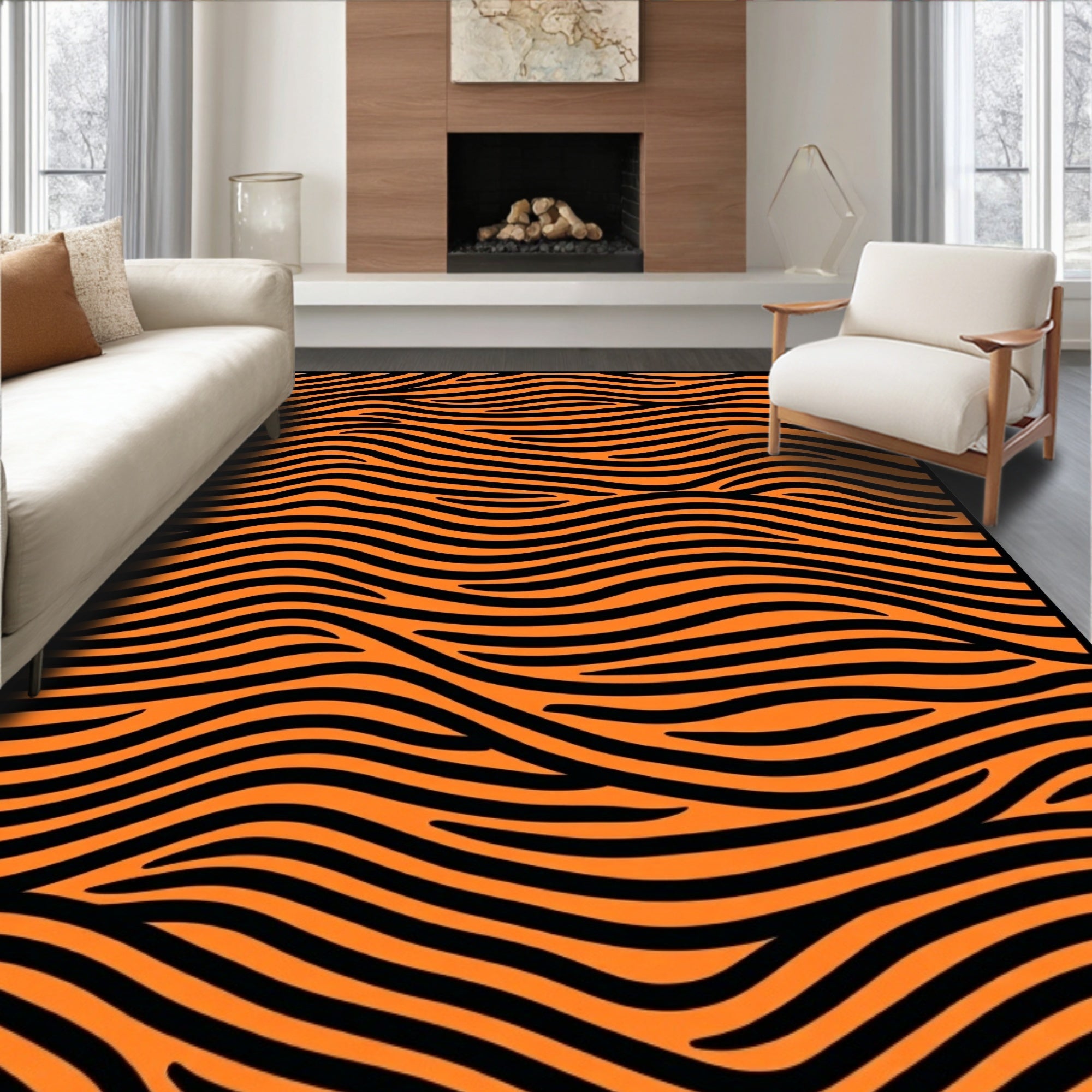 Orange Black Zebra Stripe Wave Rug