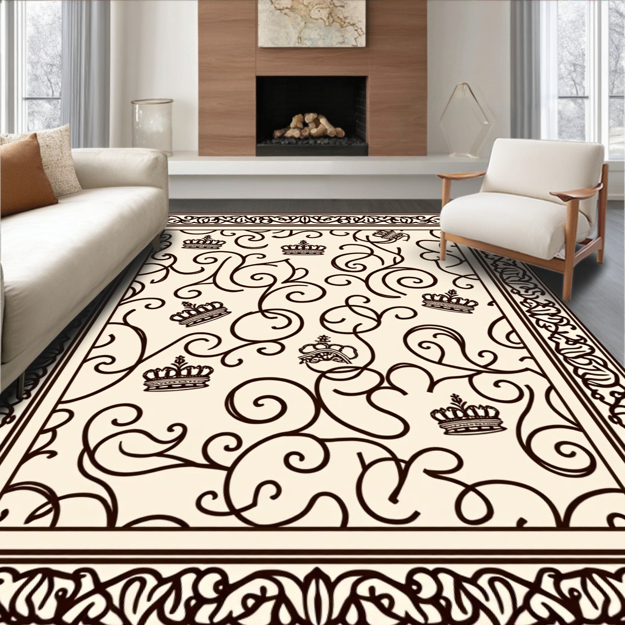 Ornate Crown Scrollwork Cream Brown Rug