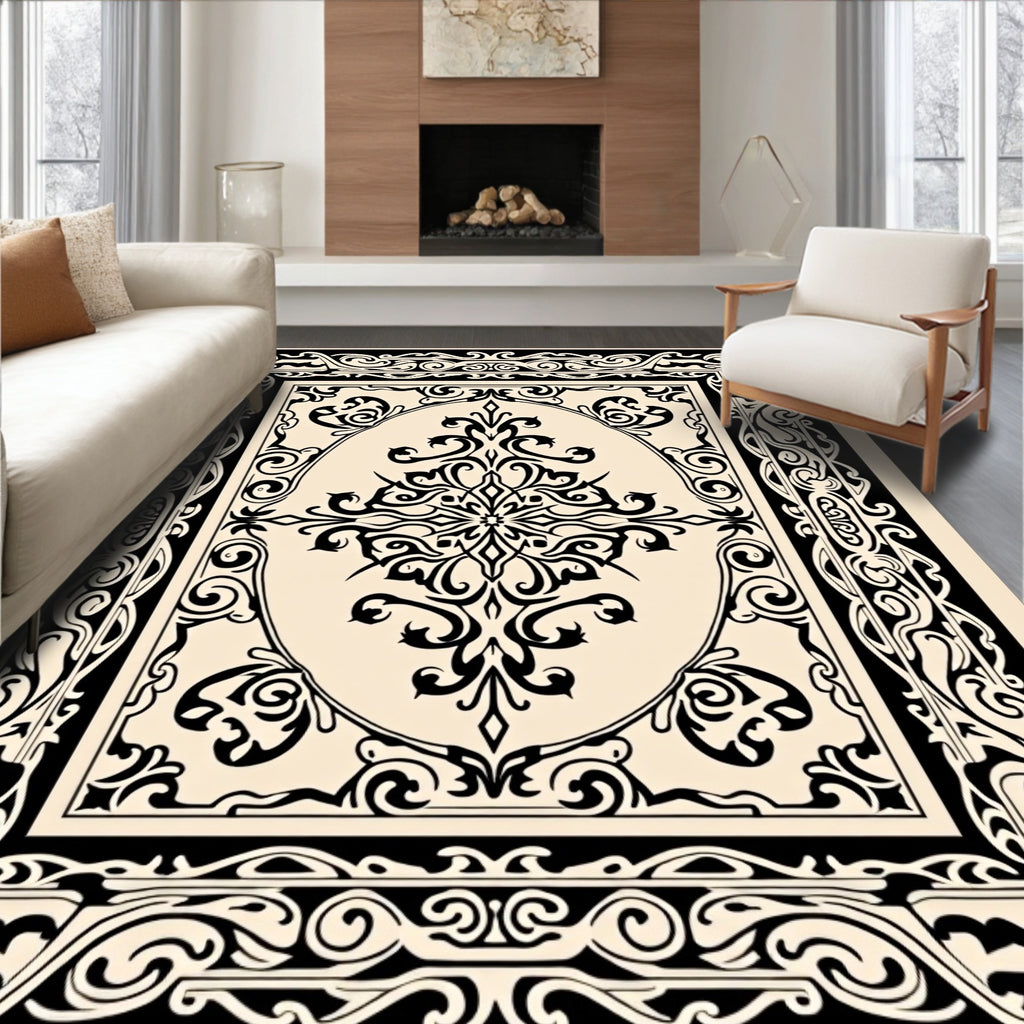 Ornate Black Cream Scrollwork Medallion Rug