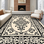 Ornate Black Cream Scrollwork Medallion Rug
