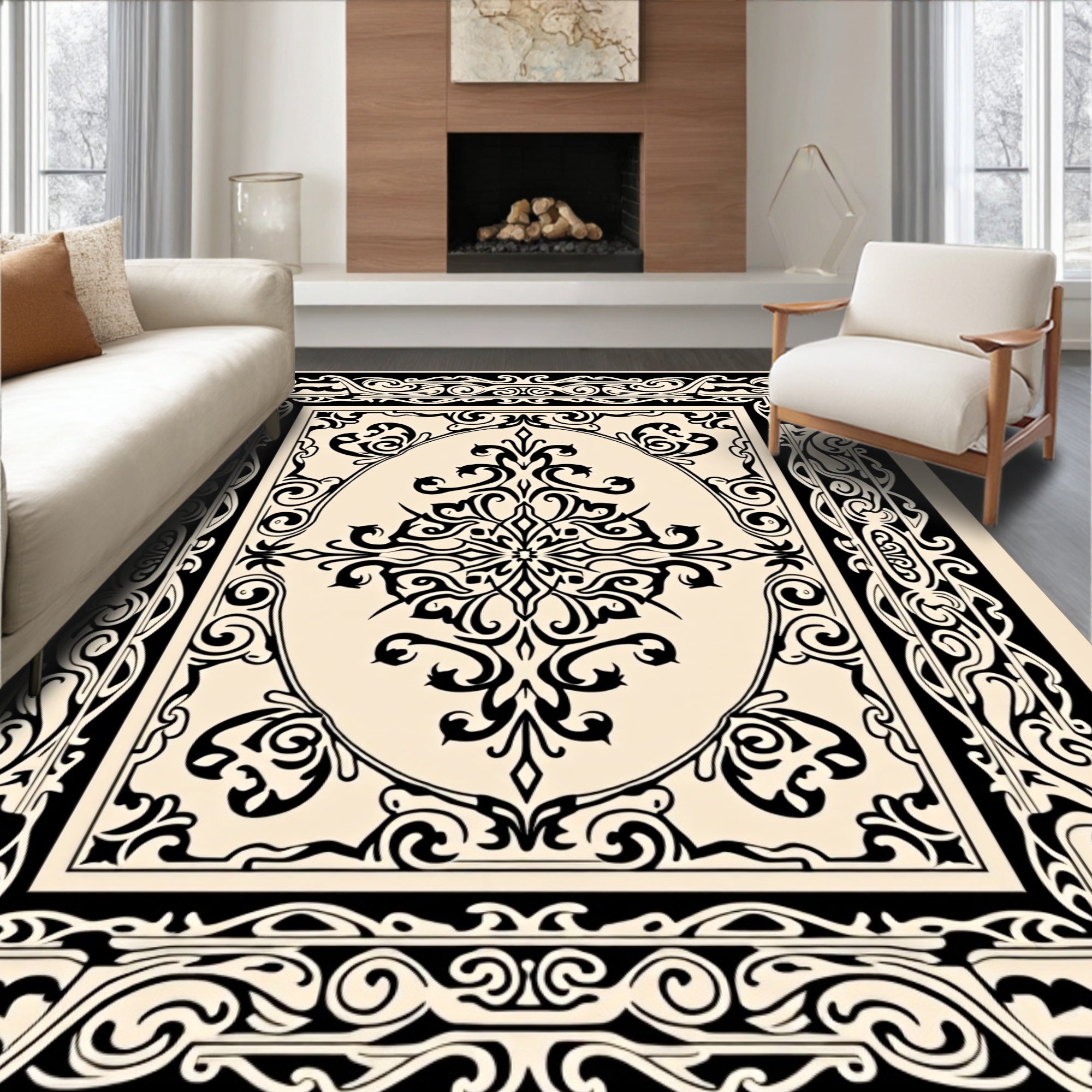 Ornate Black Cream Scrollwork Medallion Rug