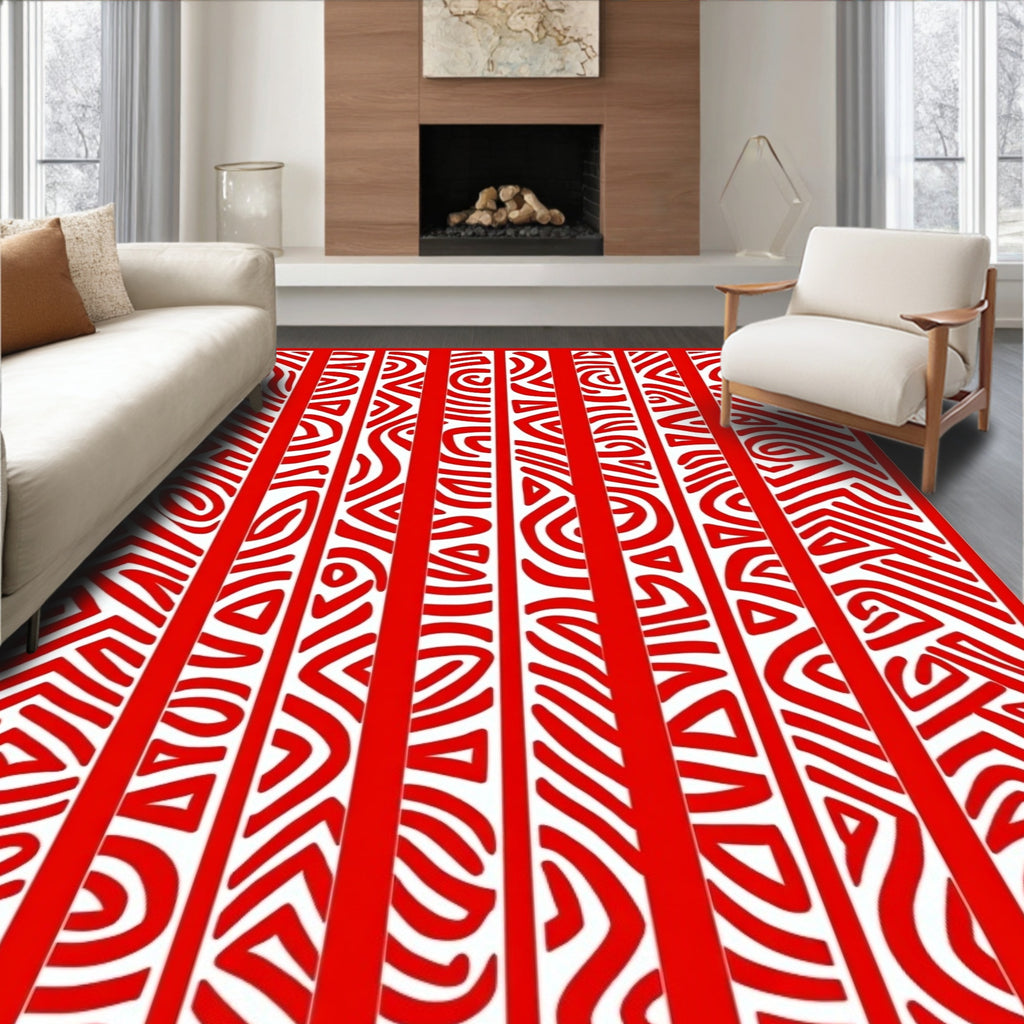 Red White Linear Organic Stripe Rug