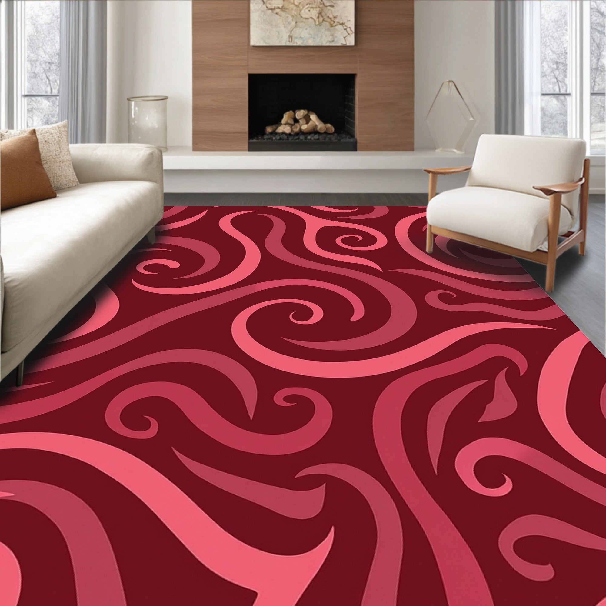 Crimson Swirl Abstract Waves Rug