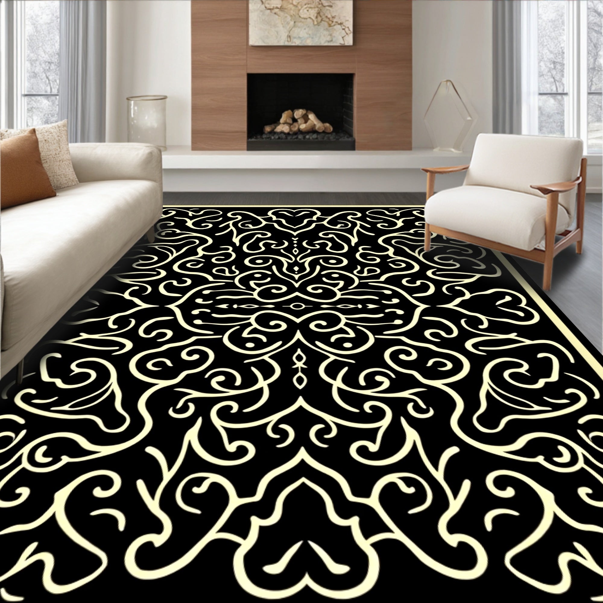 Ivory Black Filigree Scrollwork Rug