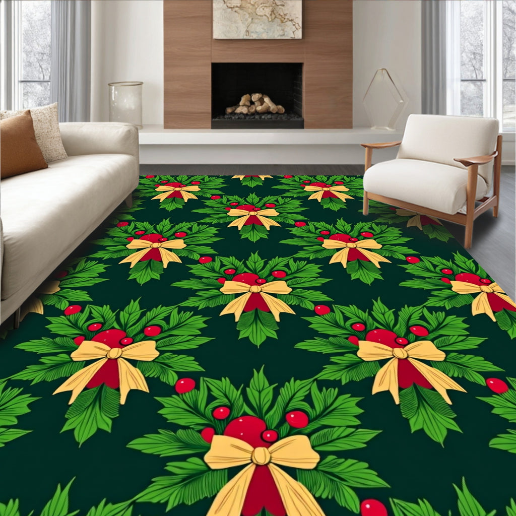 Festive Green Holly Berry Wreath Rug