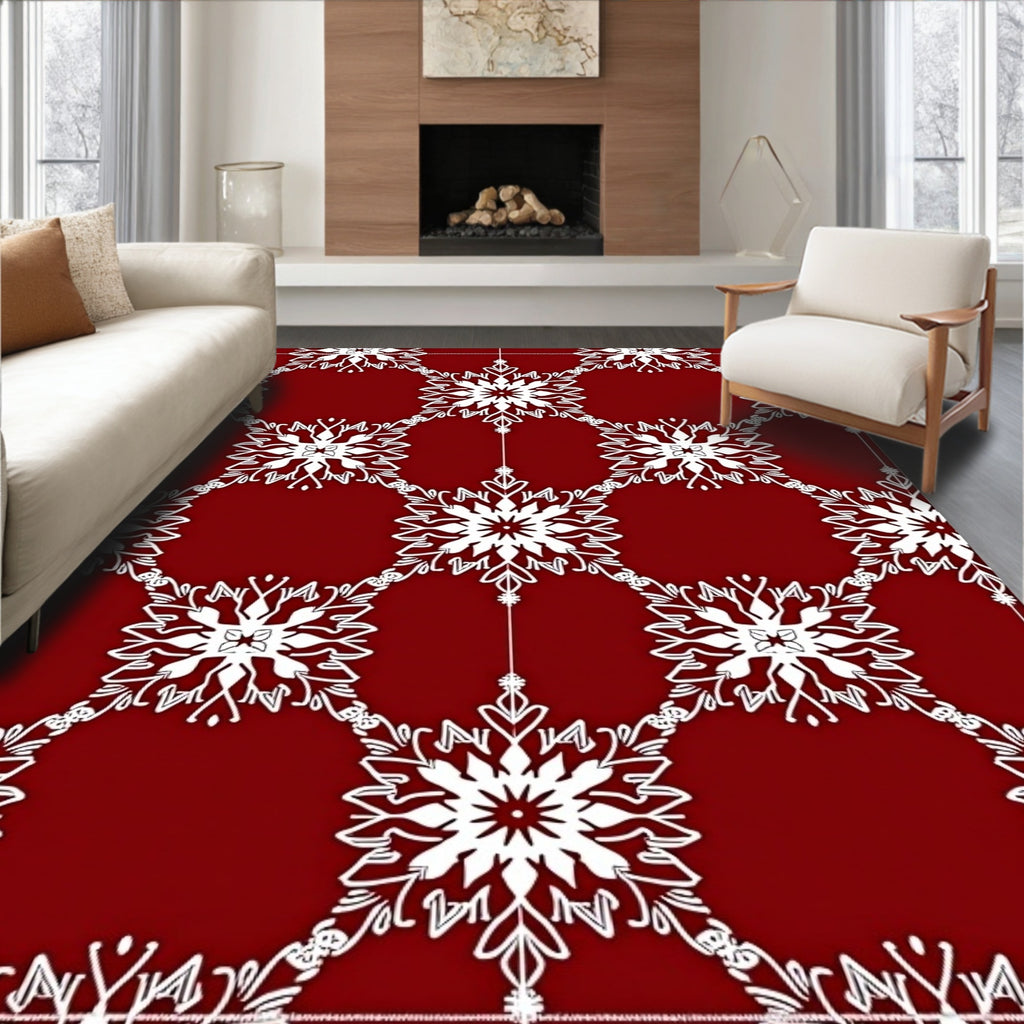 Deep Red Ornate Snowflake Lattice Rug