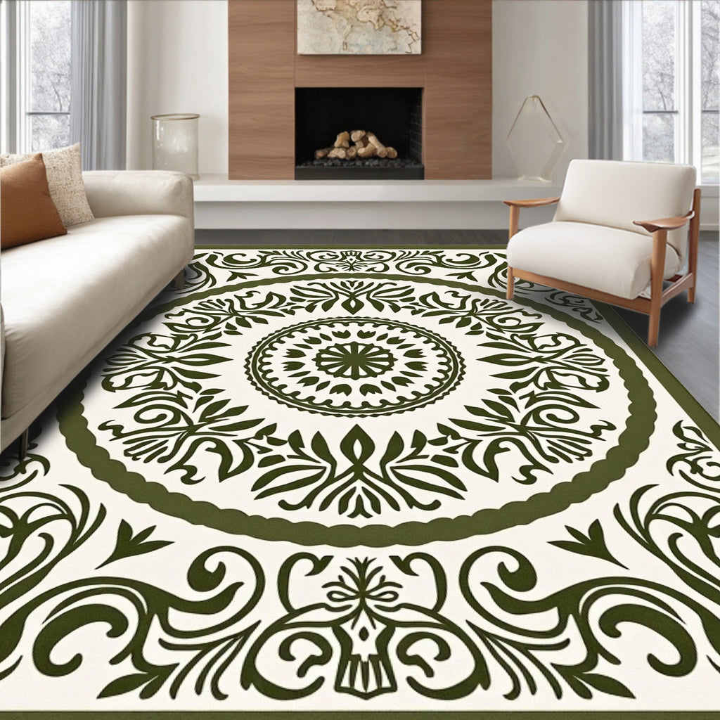 Olive Green Ornate Floral Mandala Rug