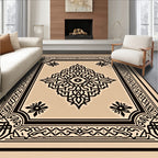 Tan Black Intricate Geometric Medallion Rug