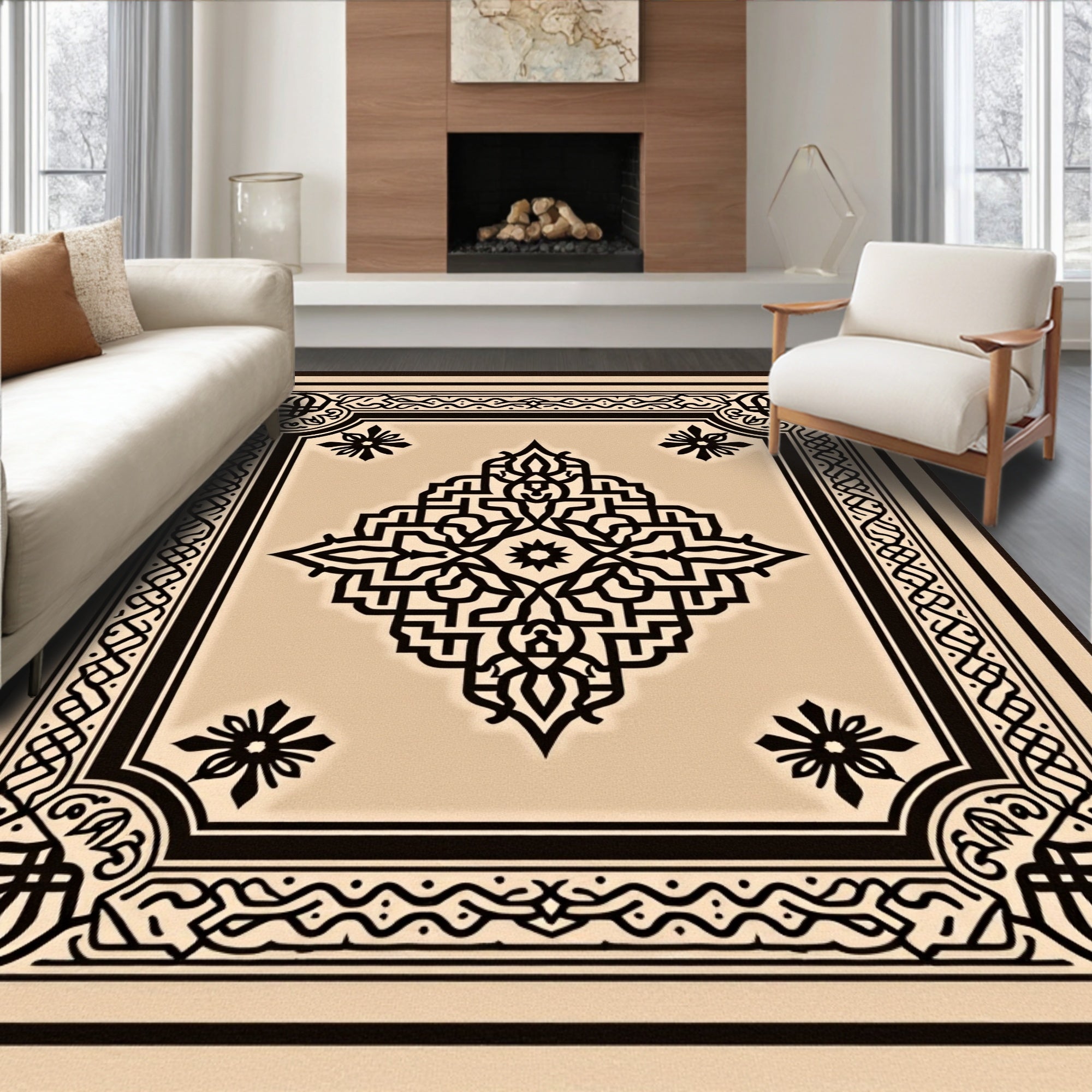 Tan Black Intricate Geometric Medallion Rug