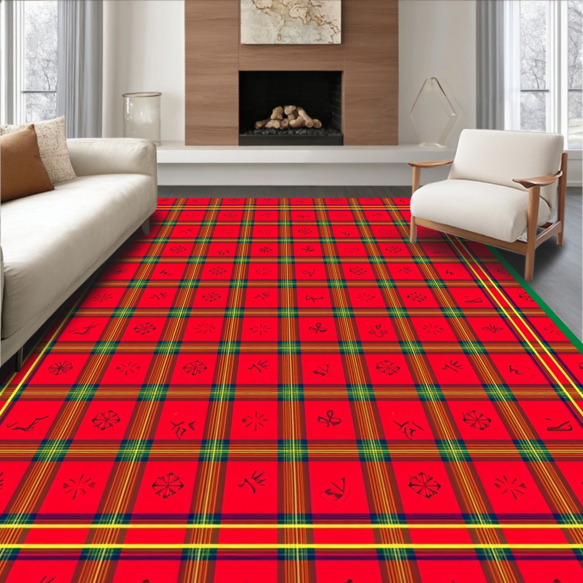 Crimson Plaid with Scattered Icons Rug