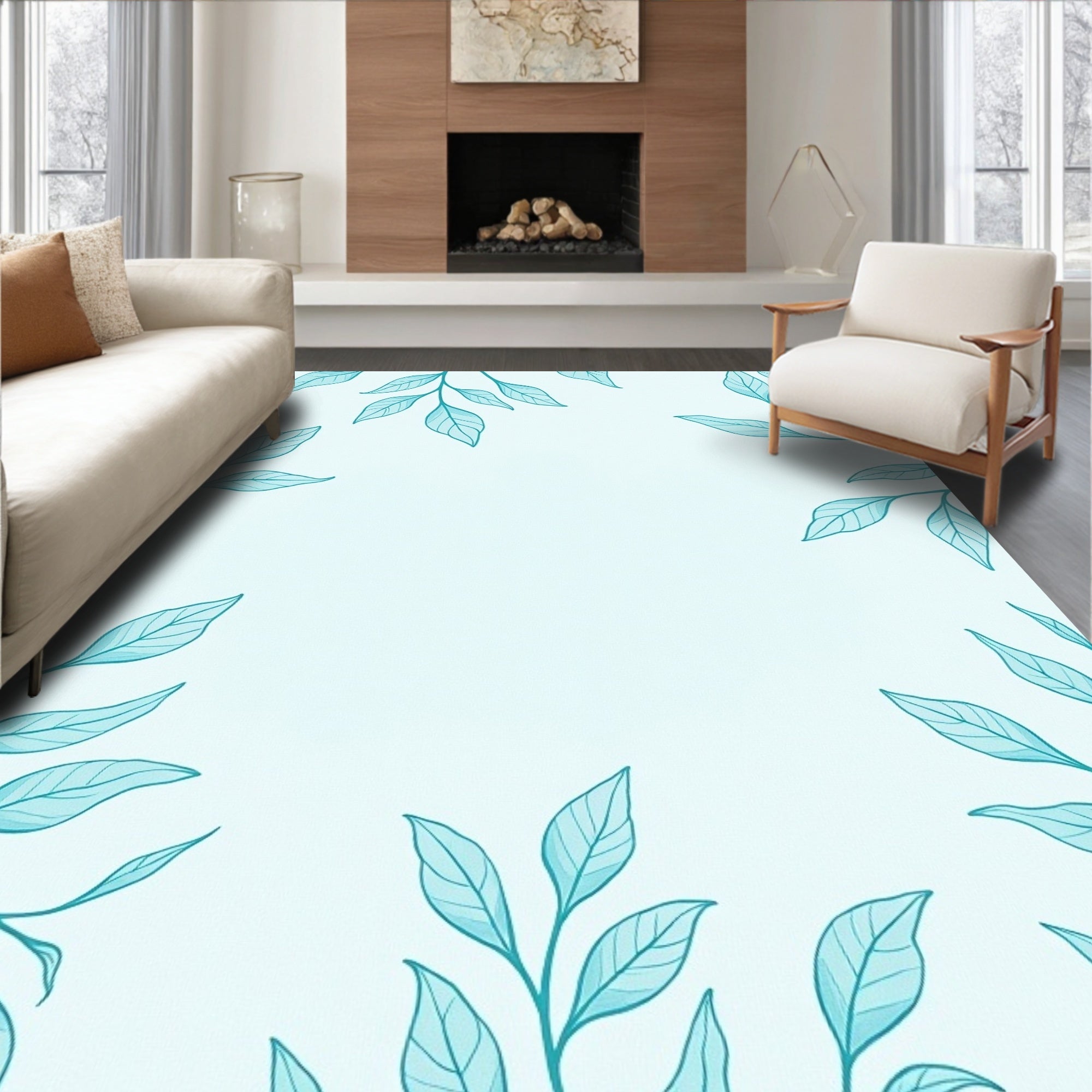 Turquoise Botanical Sprigs Border Rug