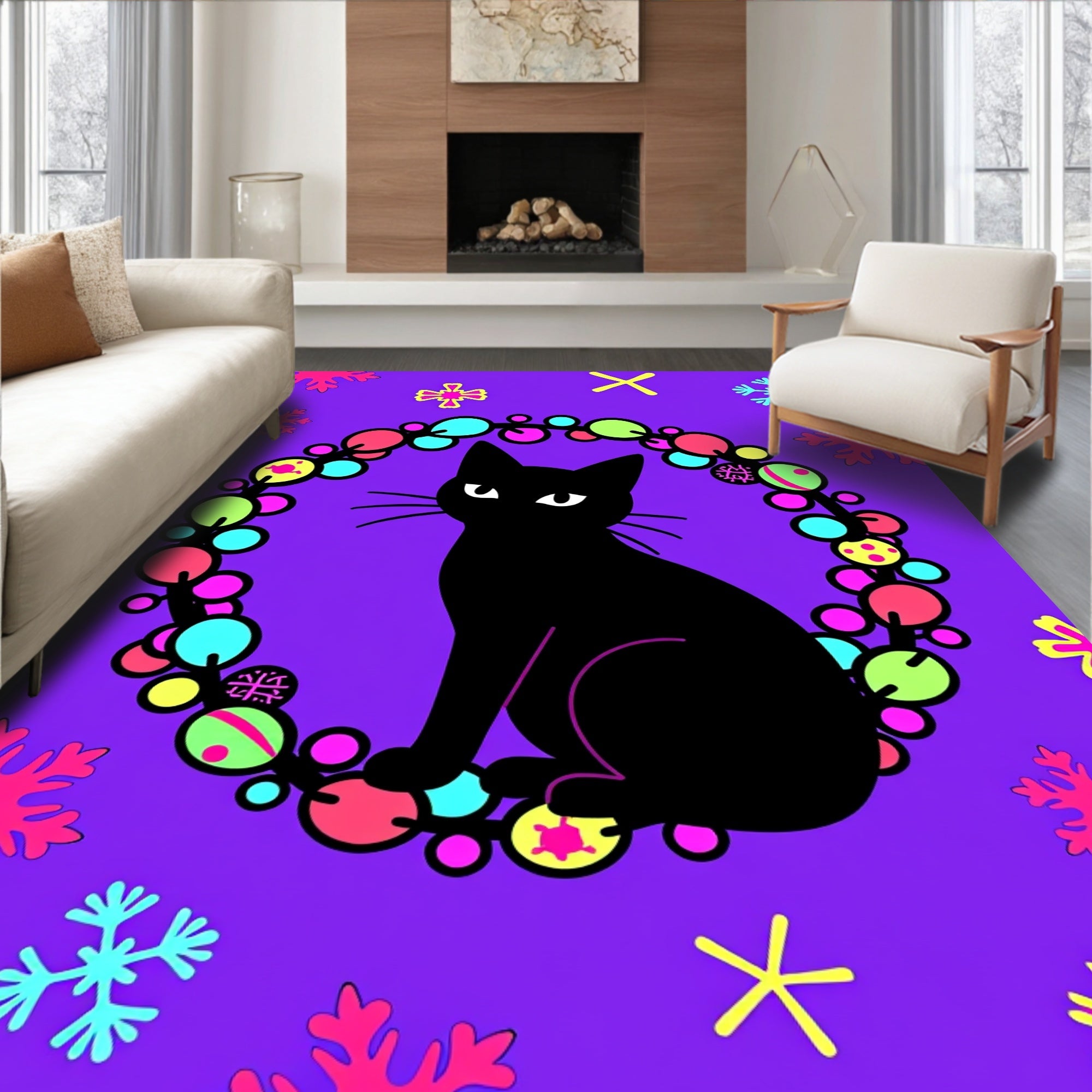 Enigmatic Black Cat Festive Wreath Rug
