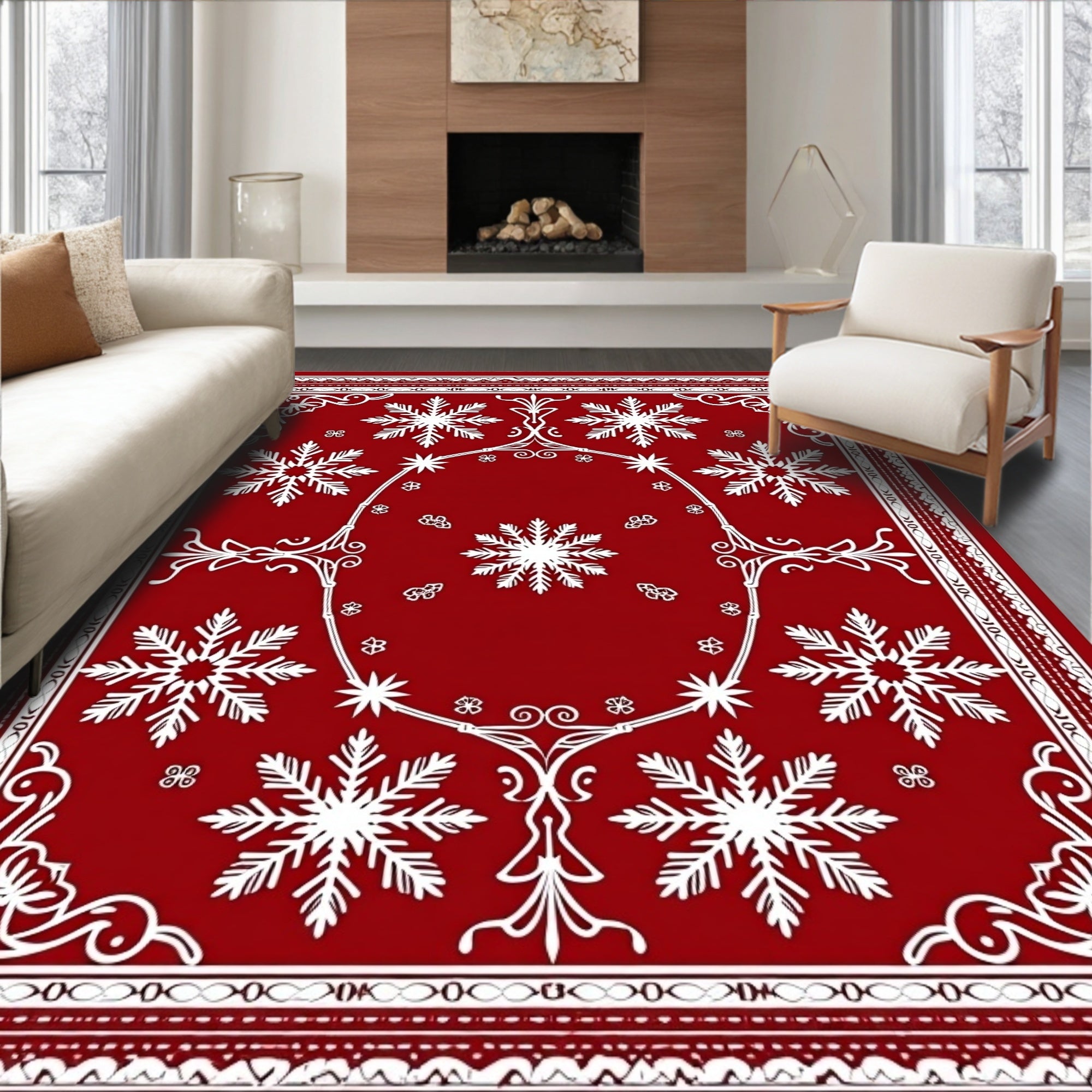 Red White Snowflake Holiday Medallion Rug