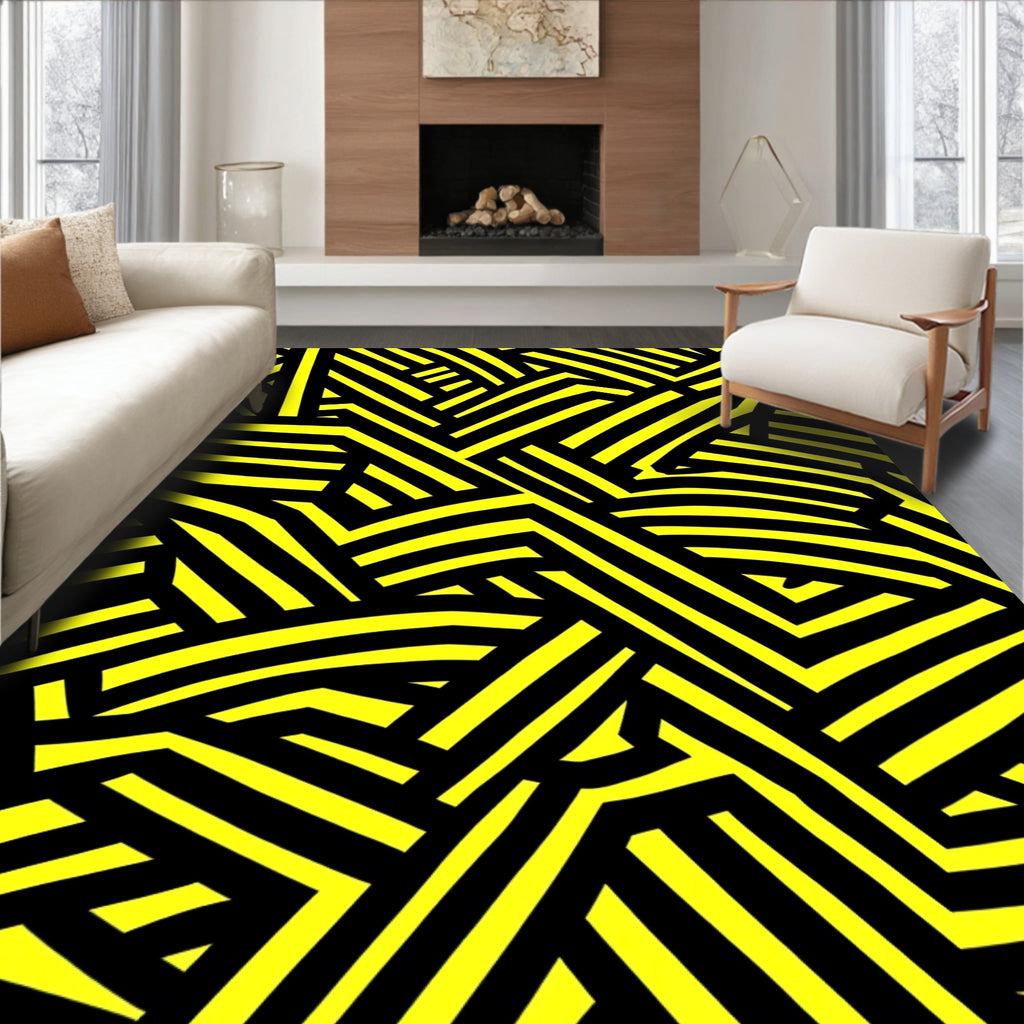 Bold Yellow Black Intersecting Lines Rug