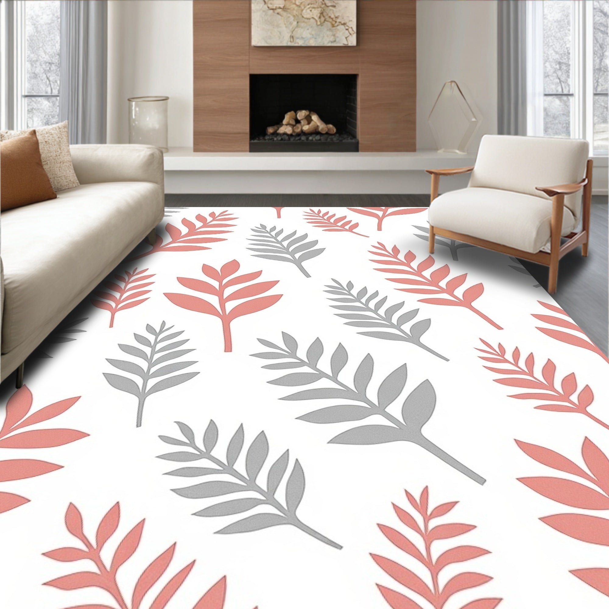 Coral Gray Leafy Branches Scattered Rug