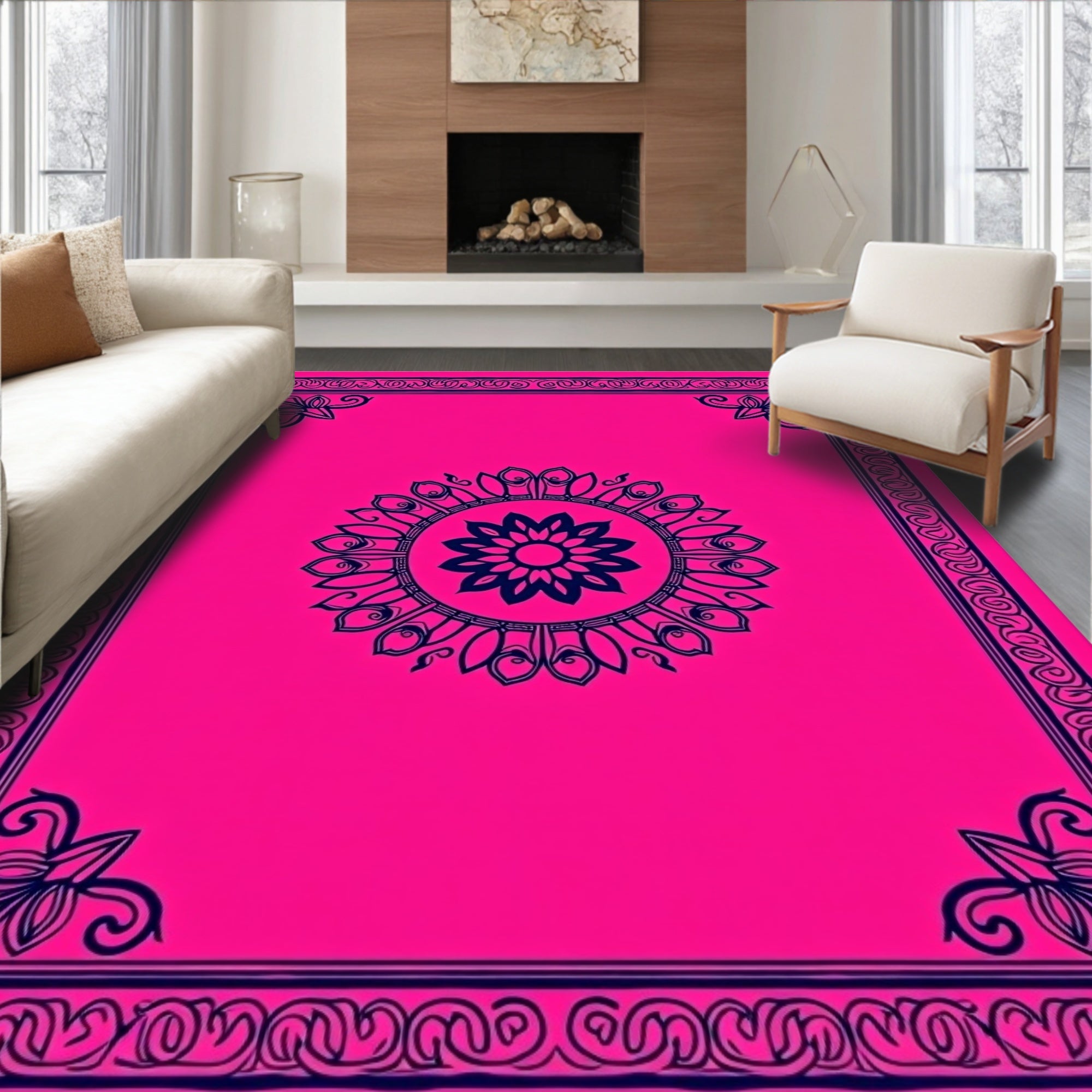 Hot Pink Navy Floral Medallion Border Rug
