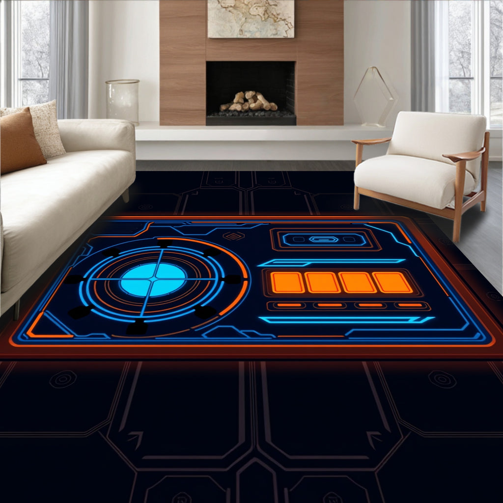 Futuristic Orange Blue Tech Display Rug