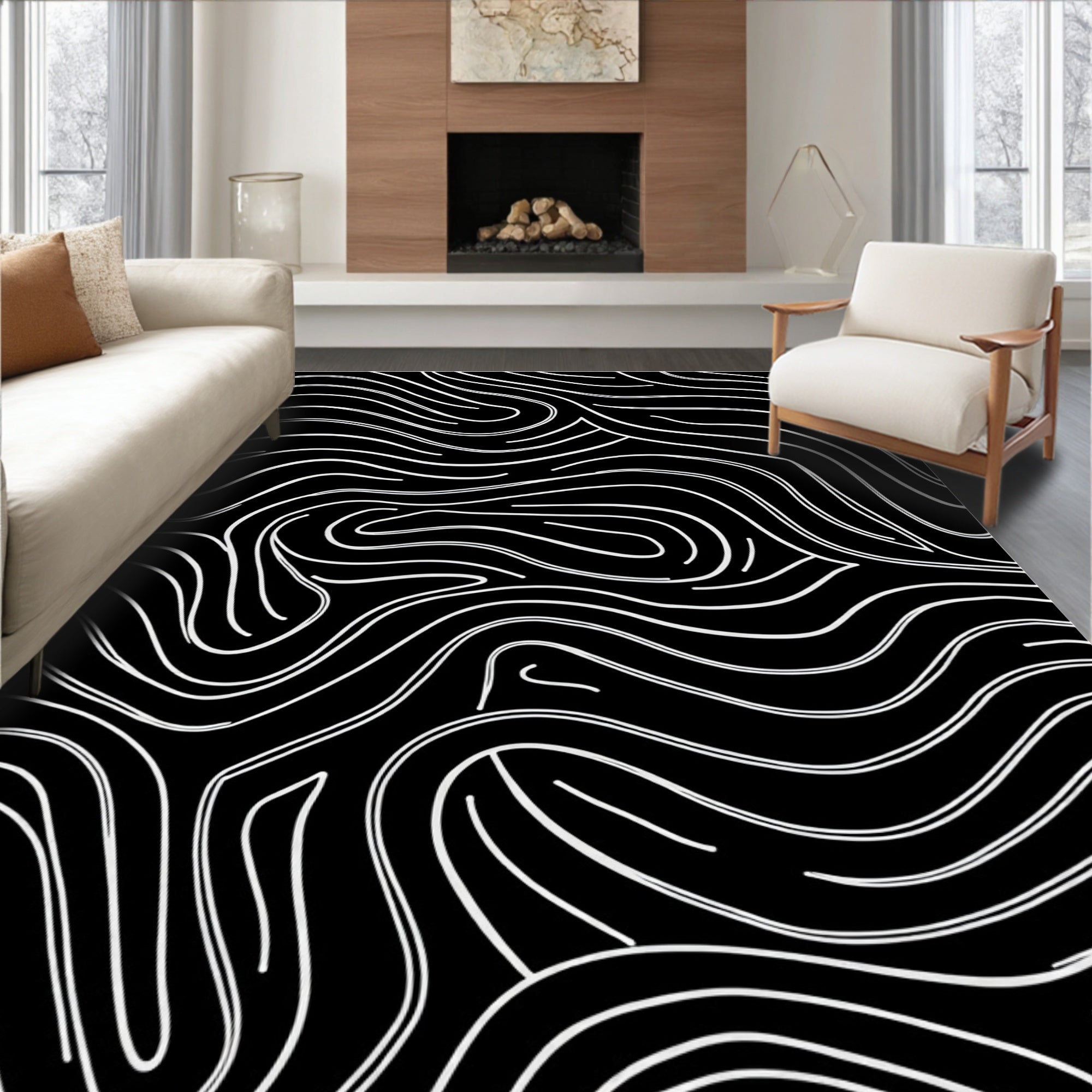 Monochromatic Black White Wavy Lines Rug