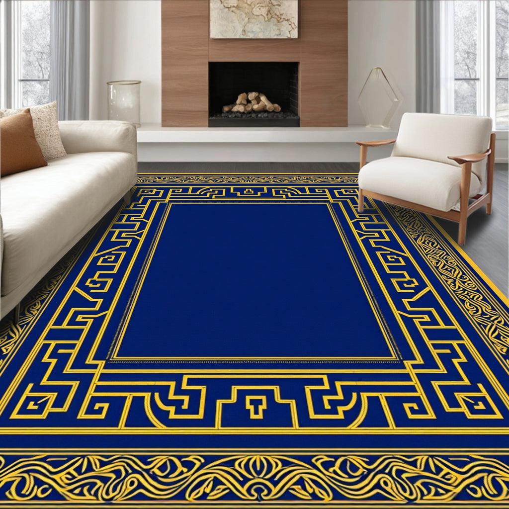 Royal Blue Yellow Geometric Maze Frame Rug