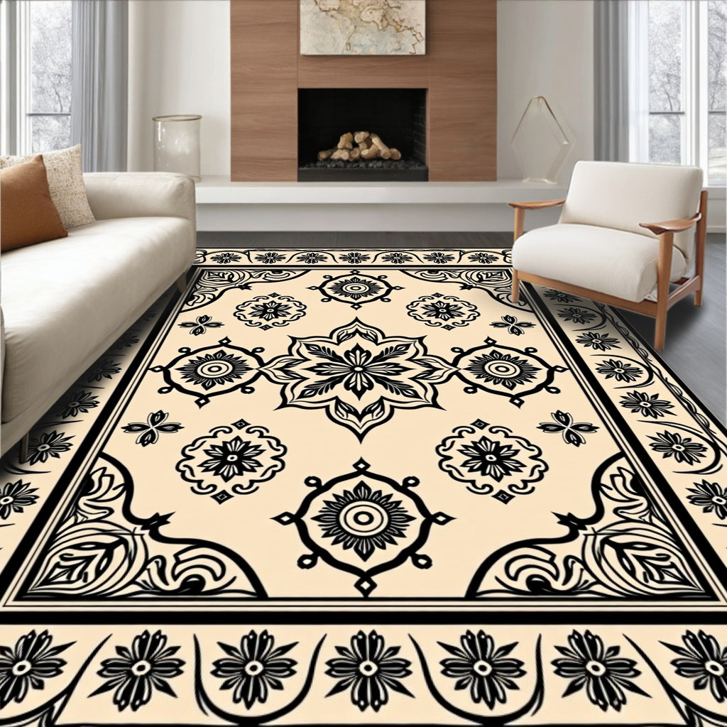 Cream and Black Floral Medallion Rug