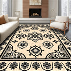 Cream and Black Floral Medallion Rug