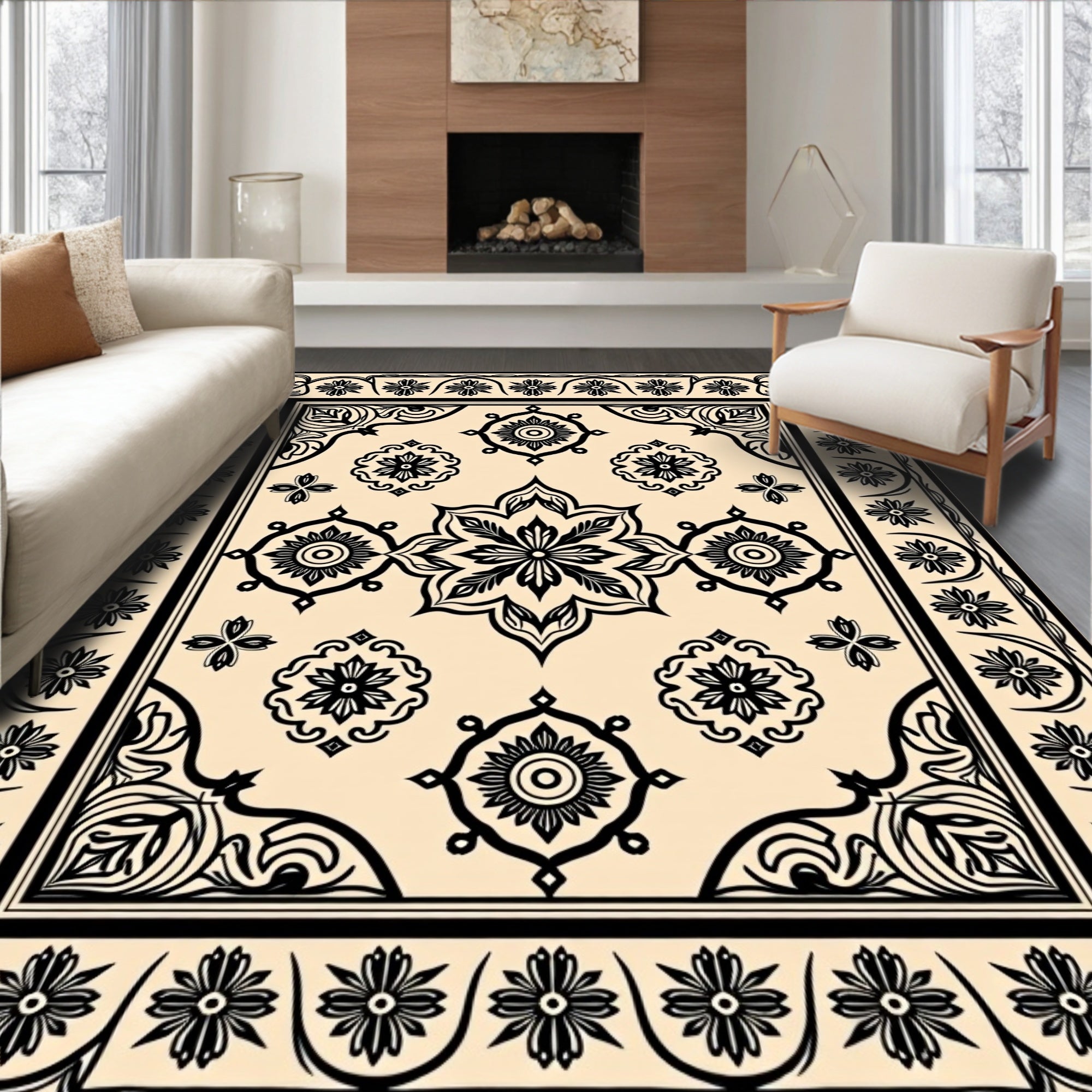 Cream and Black Floral Medallion Rug