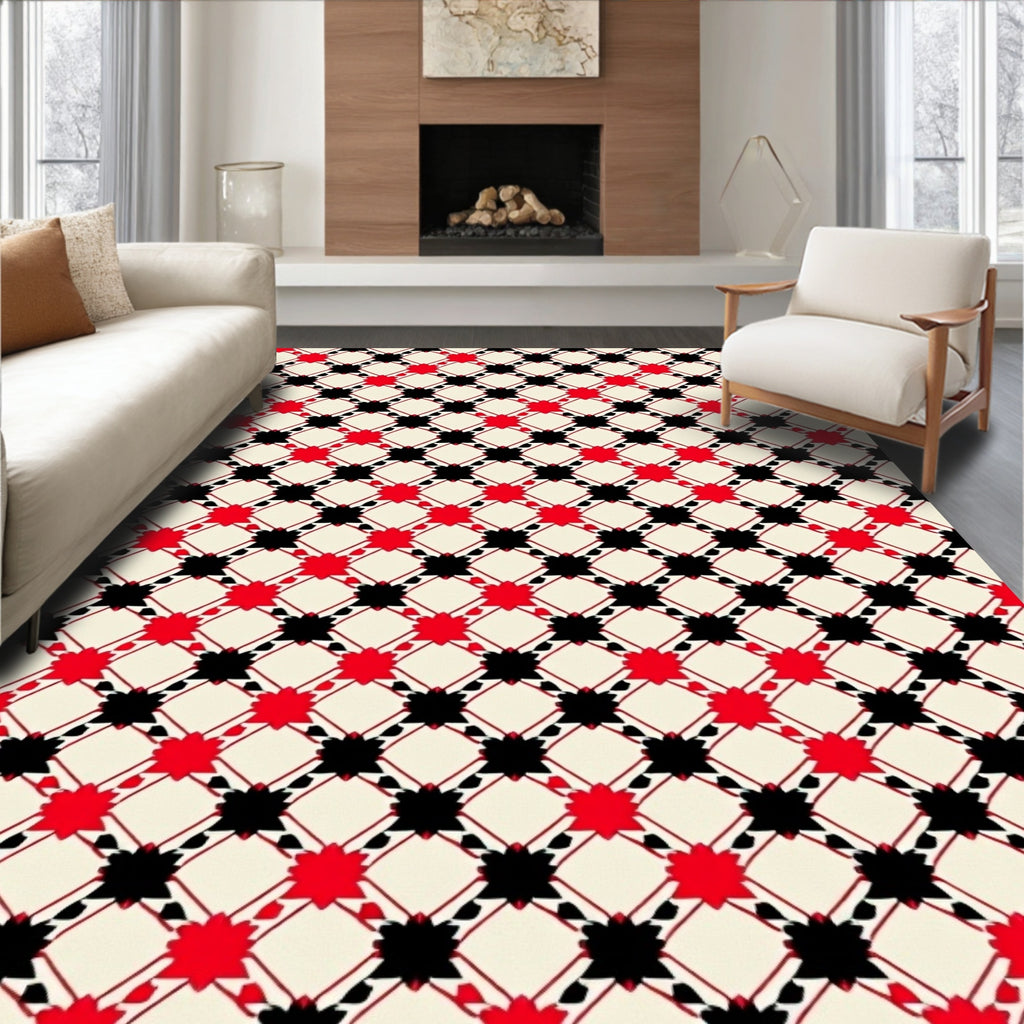 Crimson Black Lattice Starburst Rug