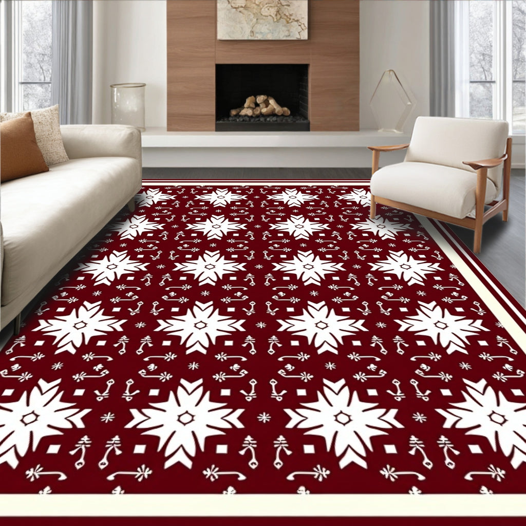 Crimson Floral Star Intricate Folk Rug