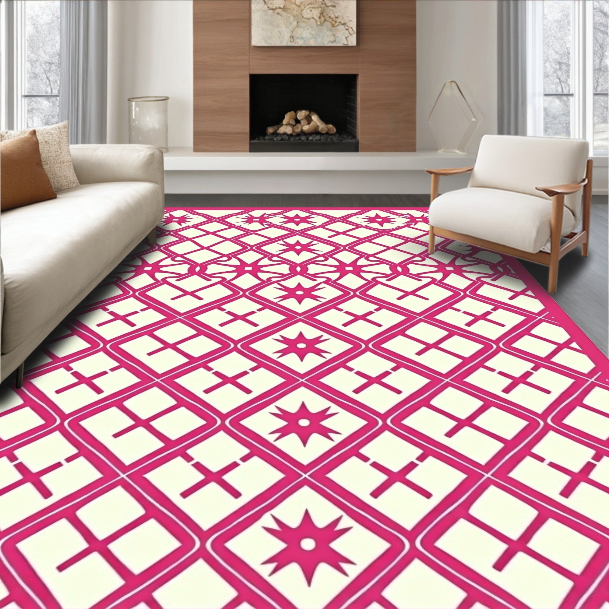 Bright Pink Cream Lattice Star Rug