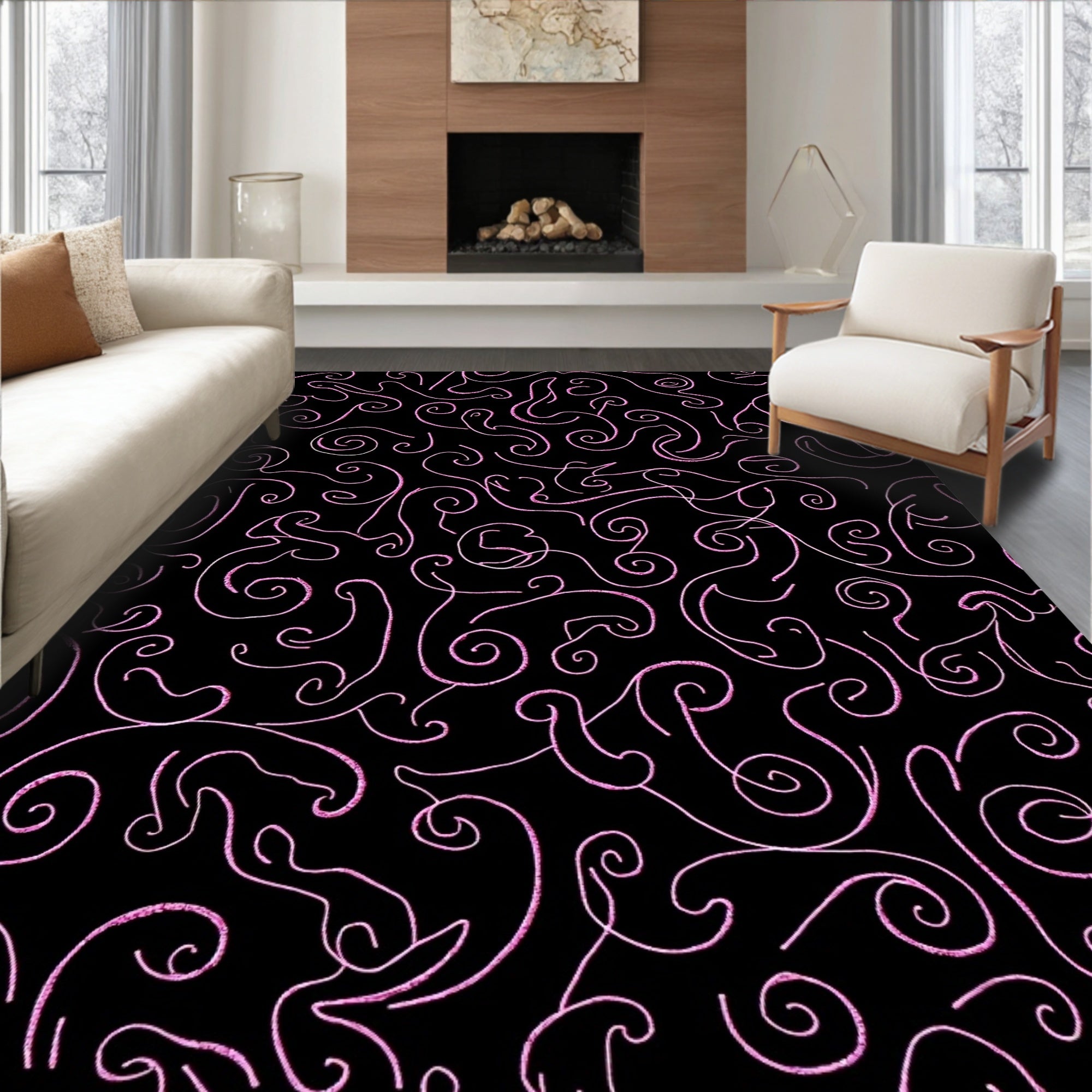 Black Pink Swirl Whimsical Flowing Art Rug
