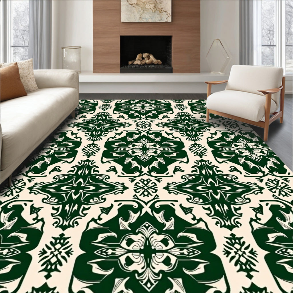 Dark Emerald Floral Damask Tile Rug