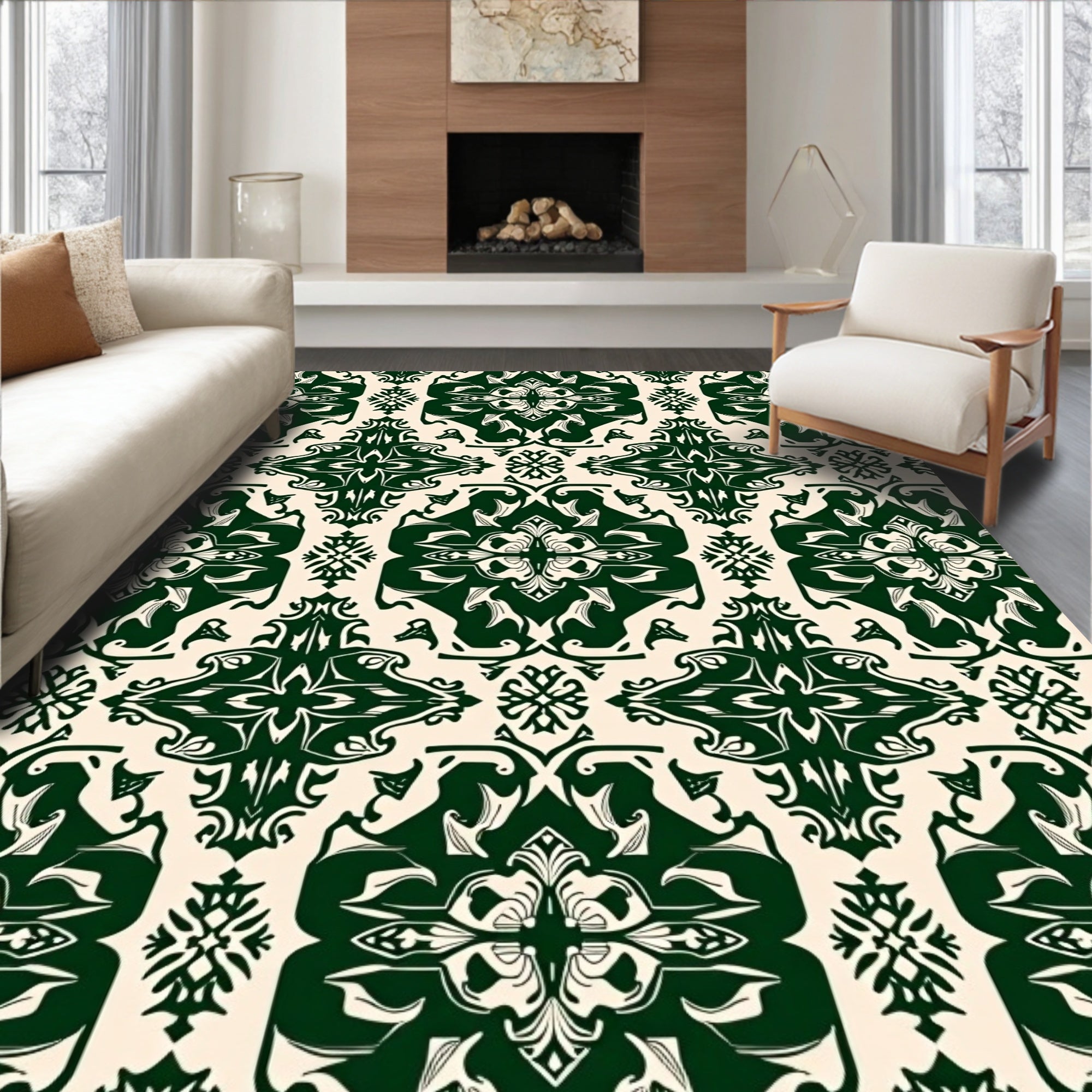 Dark Emerald Floral Damask Tile Rug