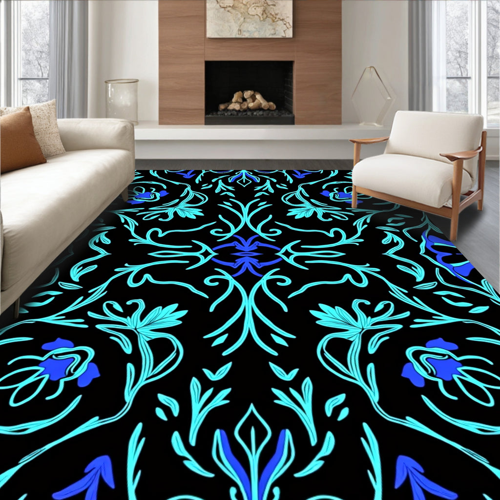 Aqua Blue Floral Vine Black Rug