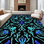 Aqua Blue Floral Vine Black Rug