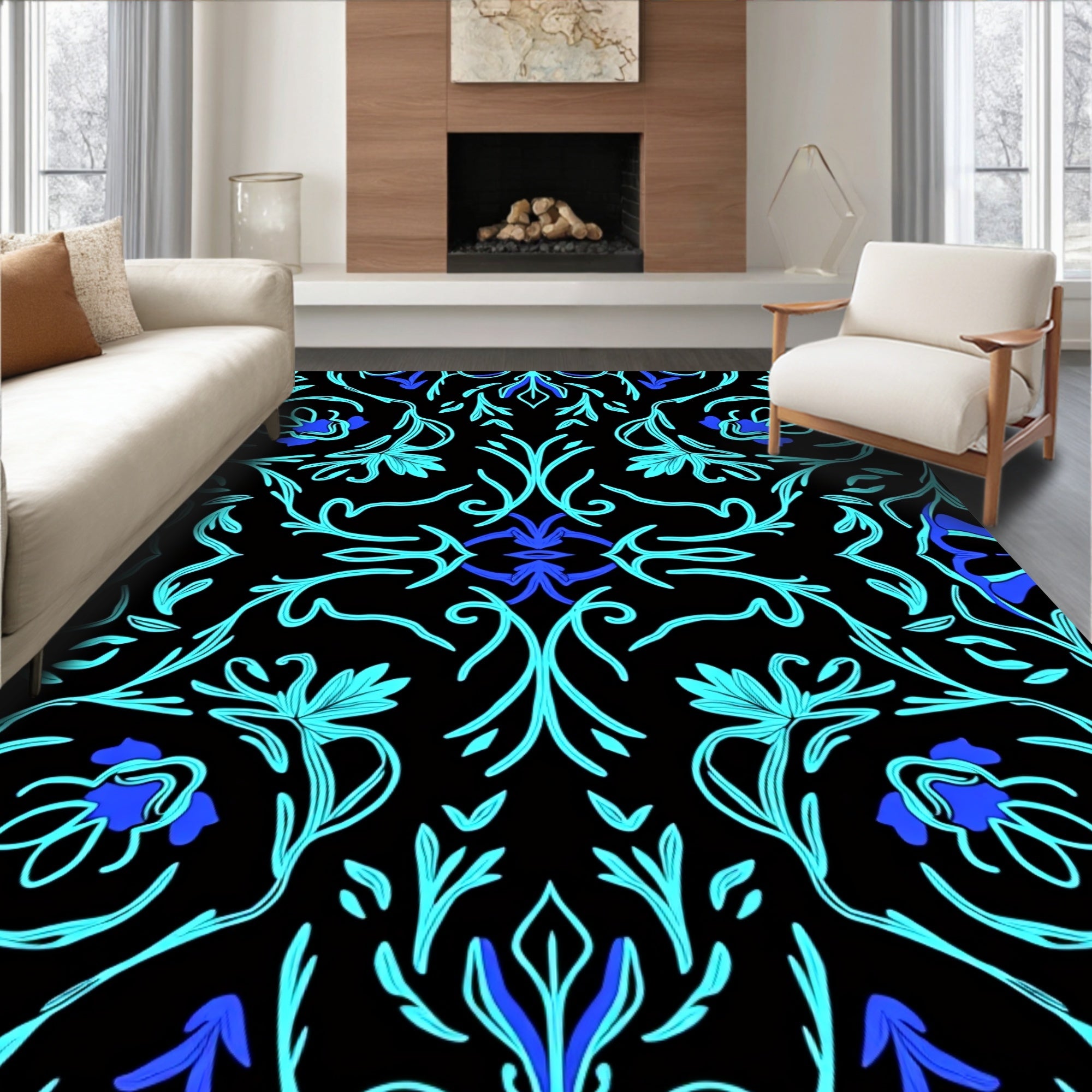 Aqua Blue Floral Vine Black Rug